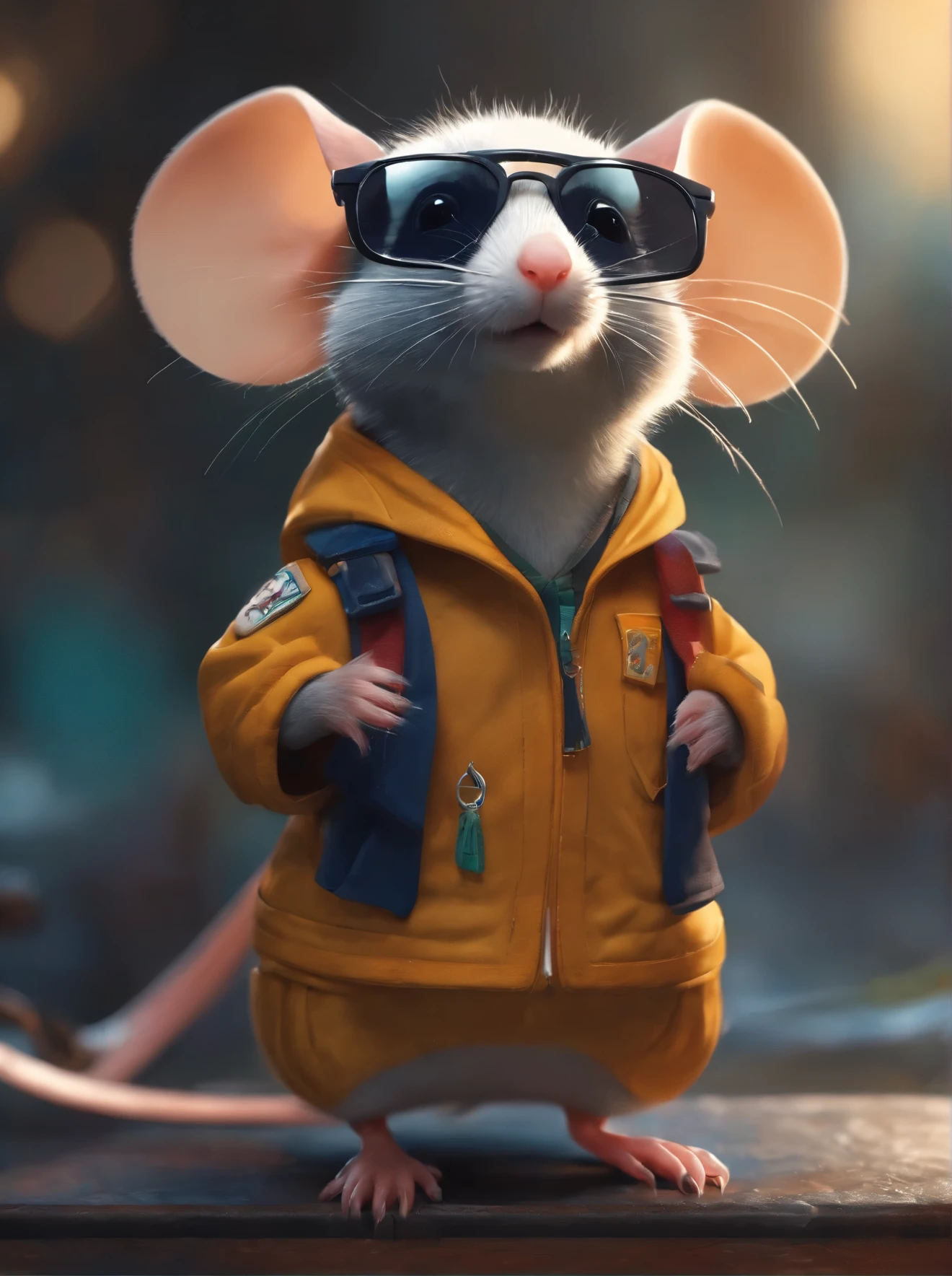 8K, HD resolution, illustration, Wadim Kashin art, cute mouse, wearing student team jacket, wearing sunglasses, happy mood, standing pose, abstract beauty,