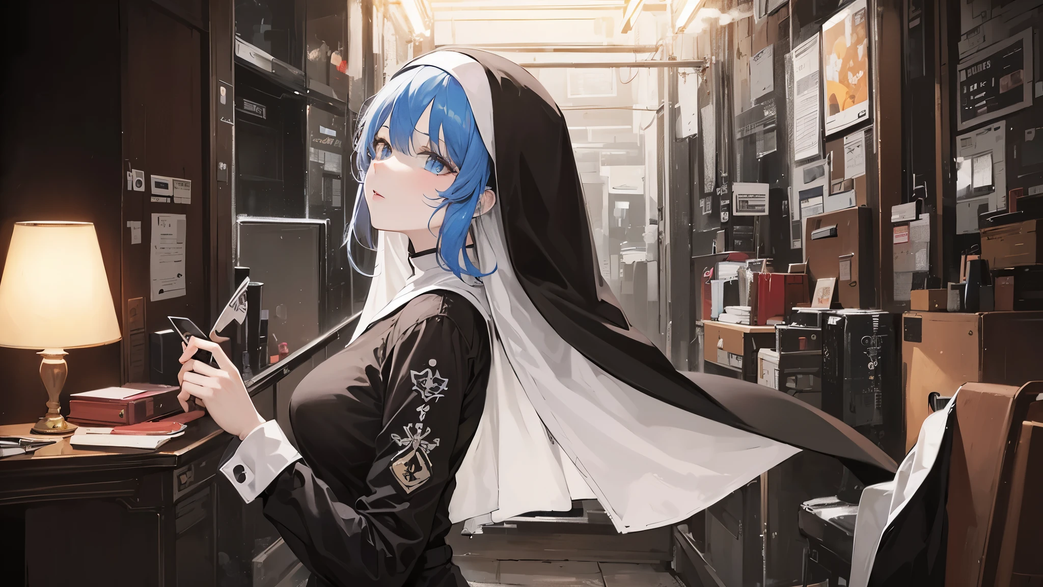 masterpiece, high definition, anime - style image of a blue haired woman in a black nun outfit, elegant nun girl, utopia, mature and lady, smug face, from girls frontline, artwork in the style of guweiz, , background art, lighting