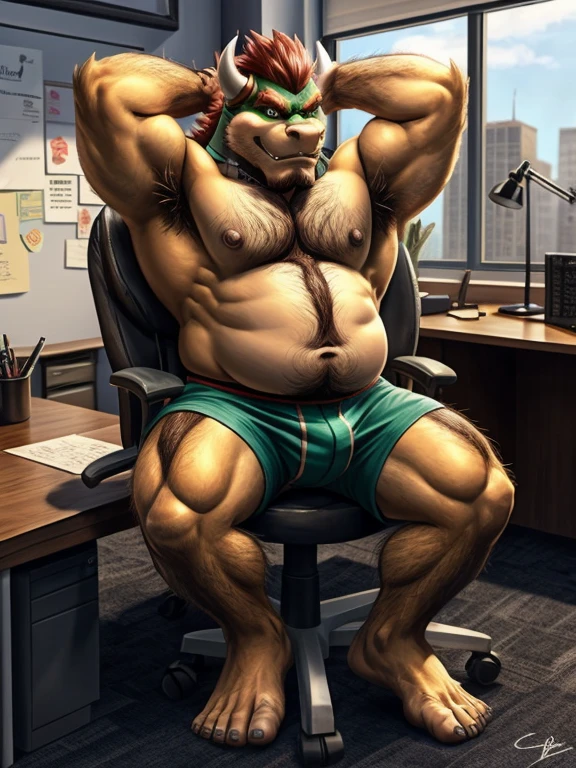 Bowser, beard, daddy, seductor, mirando al espectador, smirk, (white and red polka dots pattern oversized long loose boxers:1.3, pecs, (posing) macho, masculine, male focus, chubby, fat, de cerca, standing, frontal view, full body, office, sitting office chair, sweaty, hairy chest, hairy arms, hairy belly, hairy legs,hairy feet , musky armpits, hairy ass