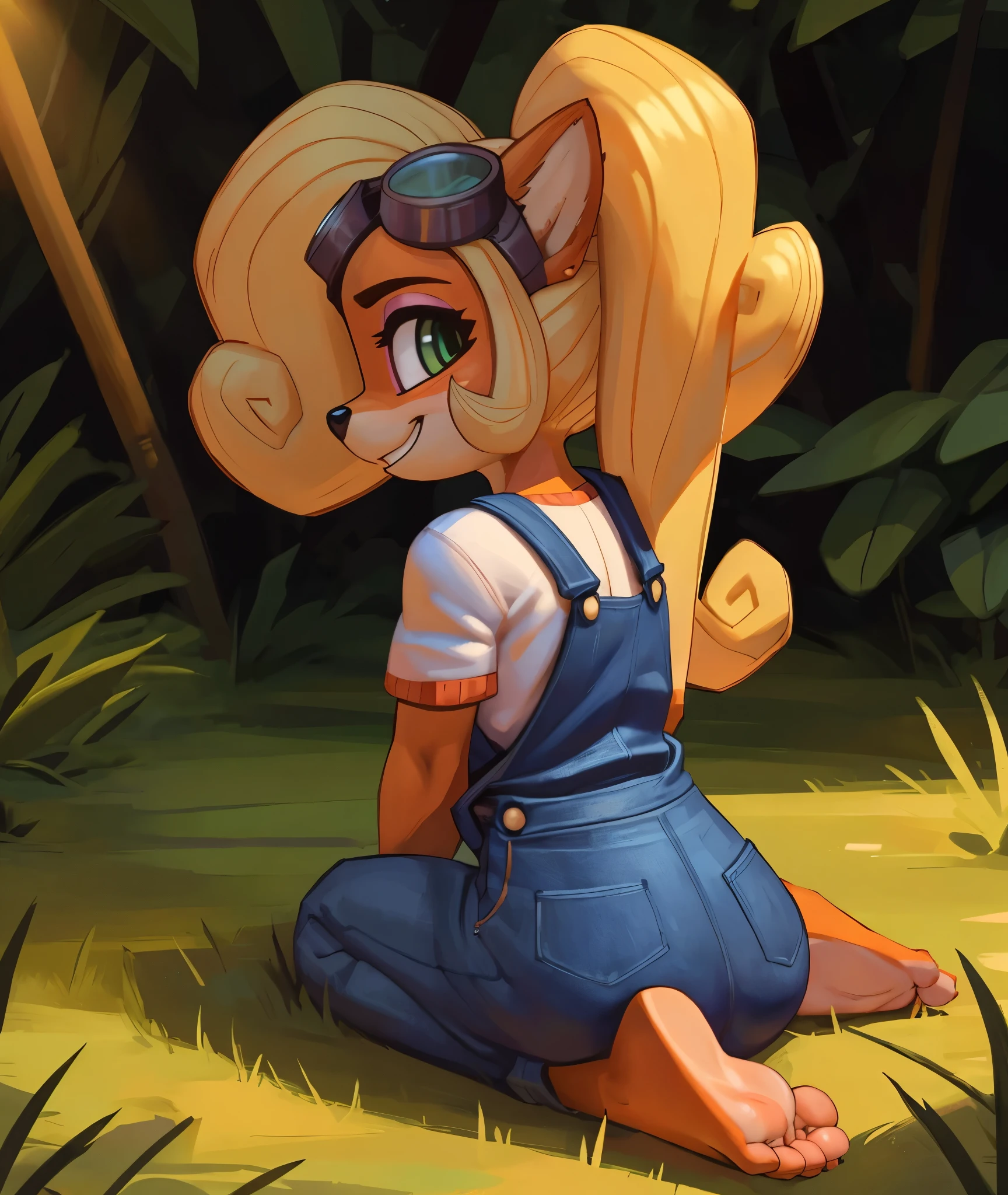 [Coco bandicoot], [Uploaded to e621.net; (Pixelsketcher), (wamudraws)], ((masterpiece)), ((HD)), ((solo portrait)), ((full body)), ((back view)), ((feet visible)), ((furry; anthro)), ((detailed fur)), ((detailed shading)), ((beautiful render art)), ((intricate details)), {anthro; orange fur, black nose, (cute green eyes), (short eyelashes), (pink eyeshadow), (long blonde curly hair), (curly ponytail), (curvy hips), (beautiful legs), (beautiful feet), (humanoid feet), (detailed soles), (blushing), (cute grin)}, {(white tee shirt), (denim overalls), (goggles on head)}, {(on ground), (crossed legs), (wiggling toes), (looking back), (looking at viewer)}, [background; (tropical forest), (grass plains), (blue sky), (sun rays), (ambient lighting)]