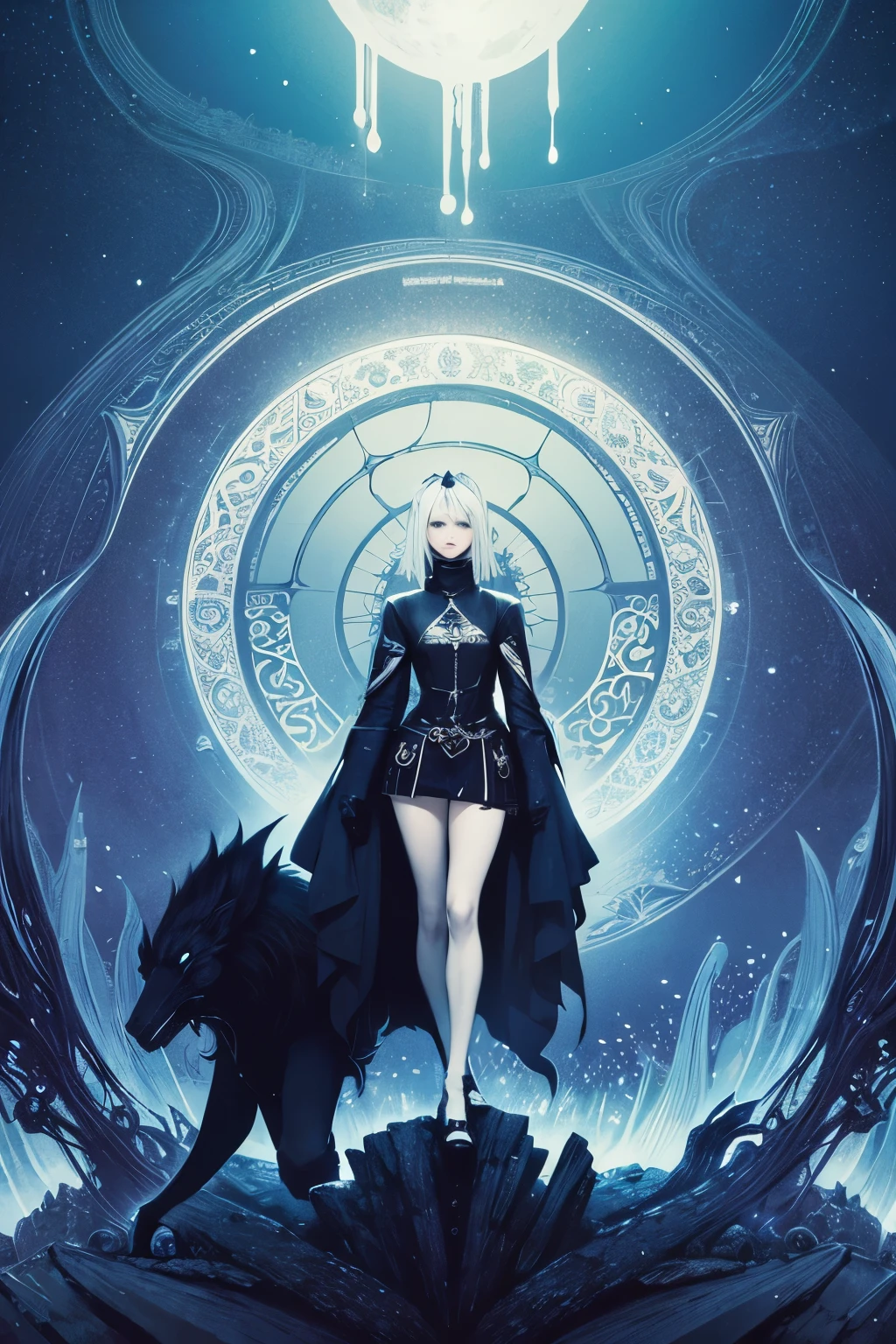 Kay Nielsen, Heikala, Surreal, mysterious, strange, fantastical, fantasy, Sci-fi, Japanese anime, circus on the dark side of the moon, beast tamer's beautiful girl in miniskirt, pale blue space sky, detailed masterpiece