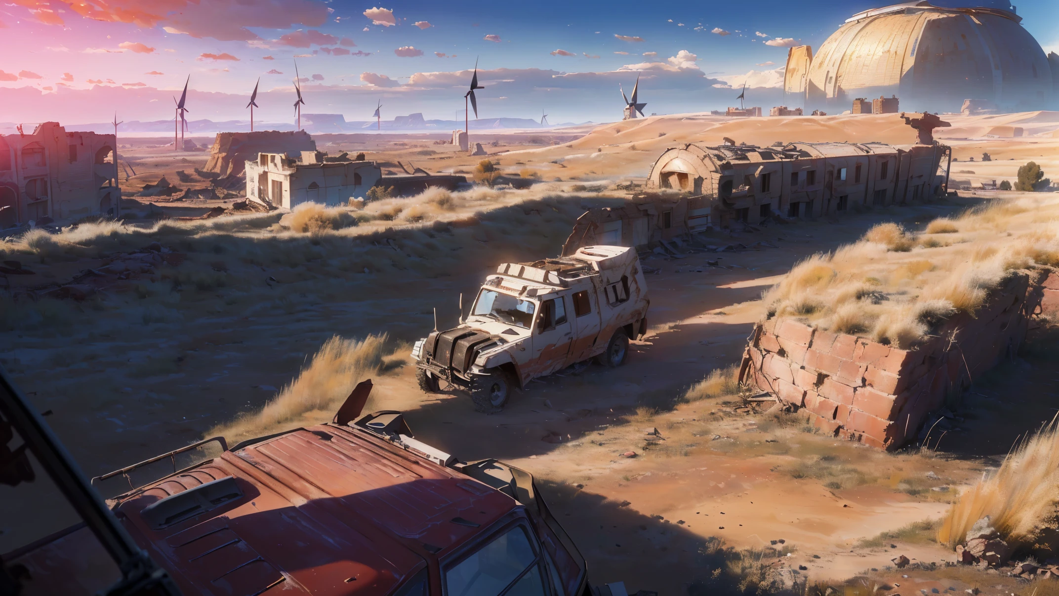 (Best quality, 8K, 32K, masterpiece, UHD: 1.2, ray tracing: 1.2, real: 1.2), (Side: 1.5), savannah in the foreground, sandy red canyons in the distance, (Prairie, Long distance, wind:1.5), ruined observatory with dome and road works sign in the background, blue sky, White clouds, (((Post-apocalyptic wasteland)))