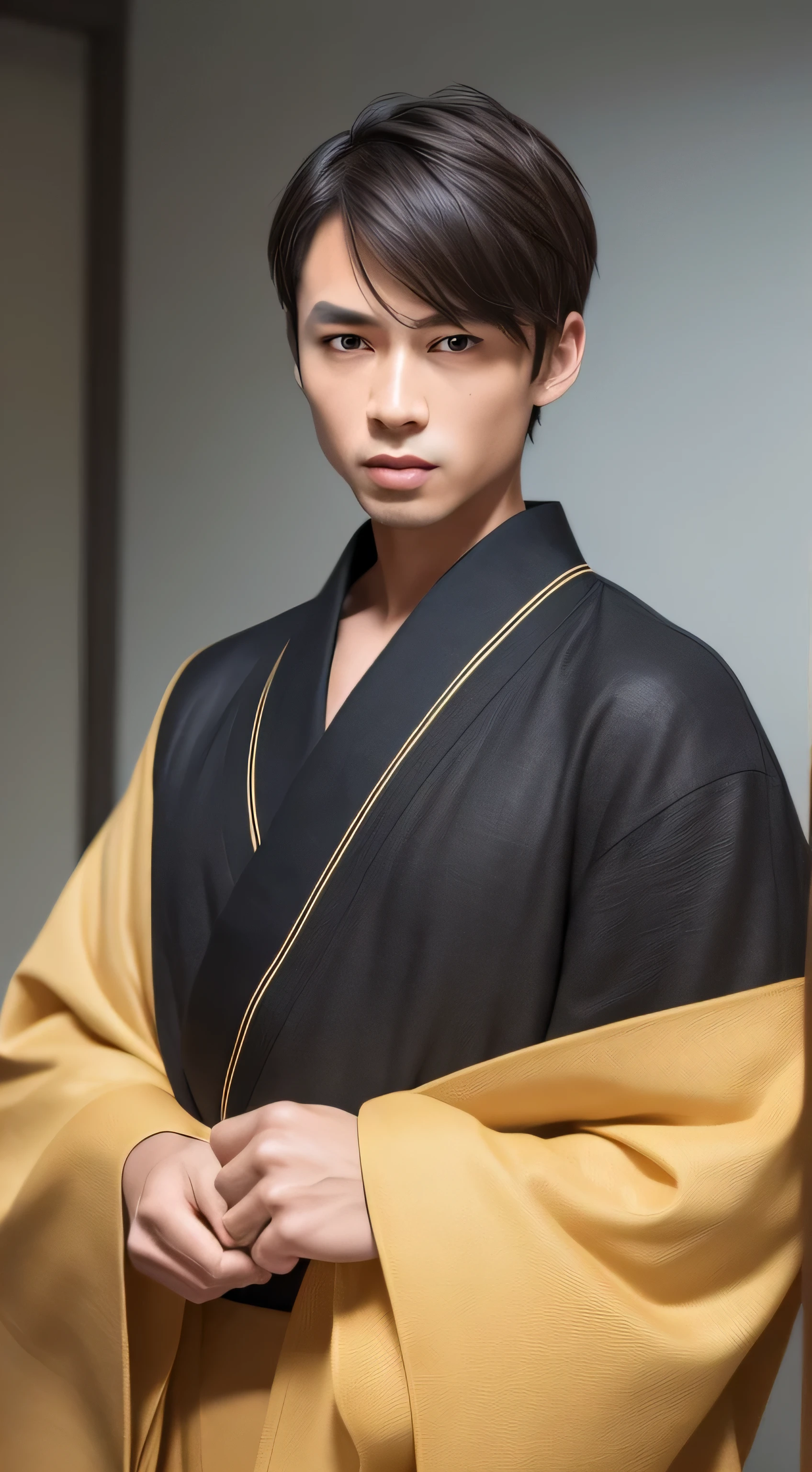 A man who has been standing for 30 years wearing a golden kimono, Facial observation, ((Upper body)), Above the Upper body, ((A photo with a straight body and head)), Turn to the side that looks at the photo, eyes are fixed on lenses, The photo shows the shoulders and head., ((Short hair in men)), man in the center of the photo, 8K, highest quality, masterpiece, realistic, realistic photo, Movie Photos, ultra realistic, 1 person, be familiar with, perfect lighting, DSRL, professional photos, 4K, very short hair