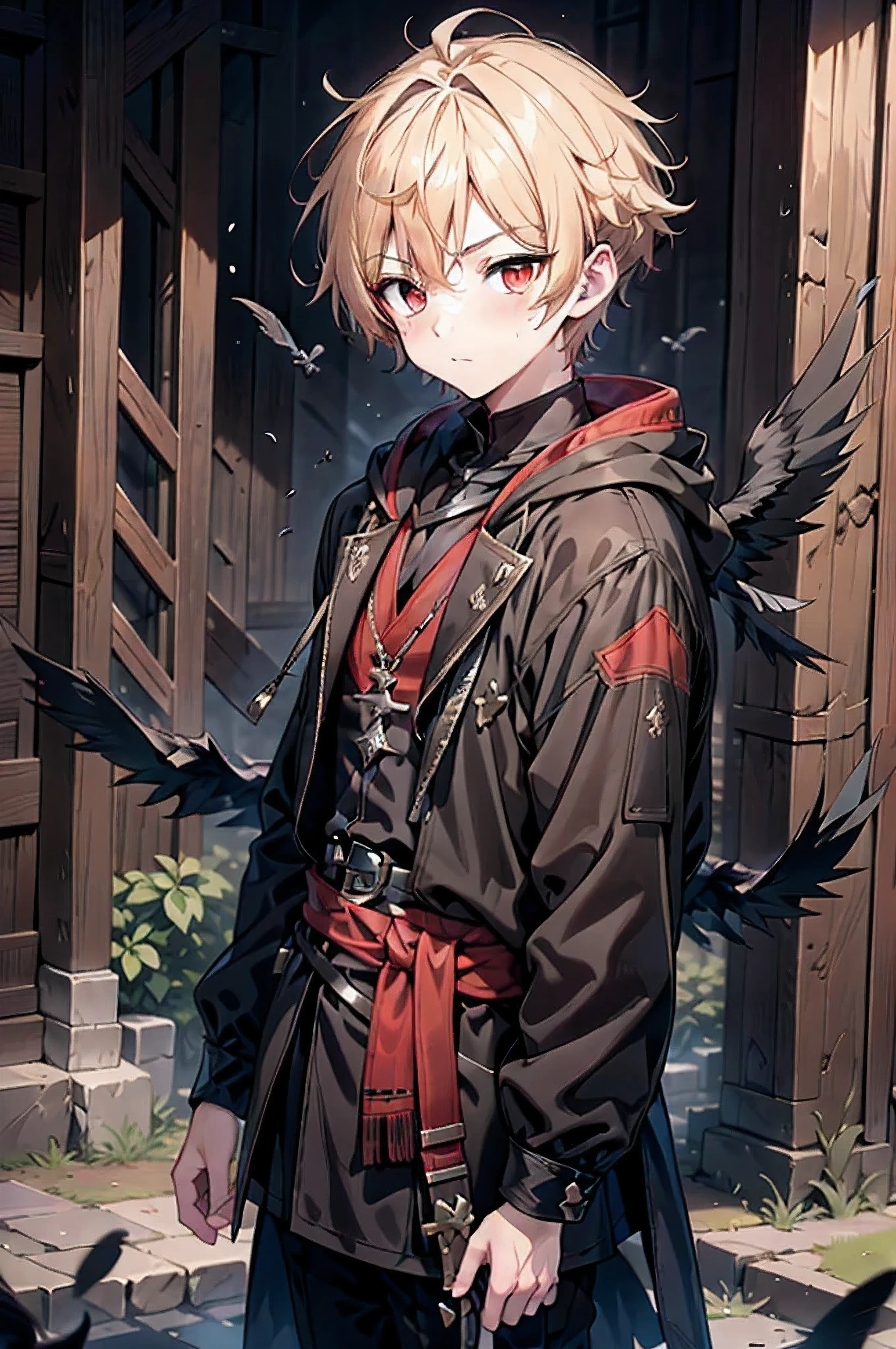 One young male boy around 14, male face, male appearance, skinny, tired eyes,((red eyes)), dark eye bags, pale skin, blond hair, messy mullet short styled hair, scruffy and messy appearance, ( dressed in a medieval assassin costume, hooded assassin's cloak), fantasy, raven feathers falling from the sky, two dagger on his side