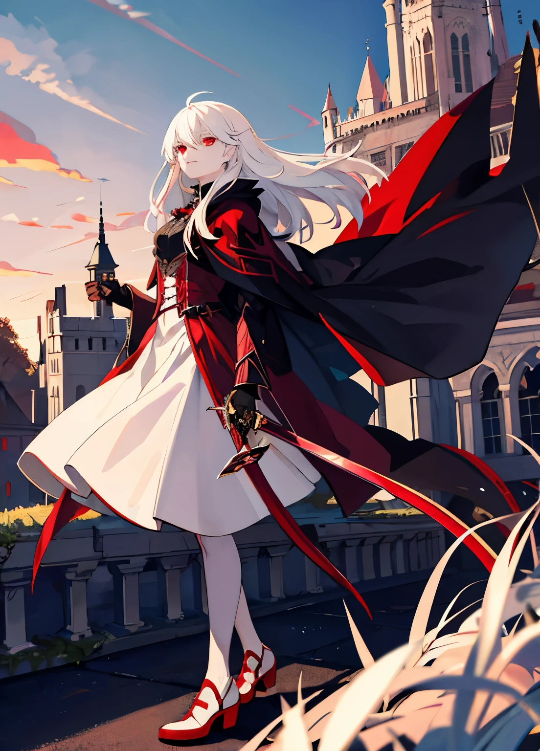 vampire，long white hair，Stand on the roof of the castle and look into the distance，red sword，Gorgeous black cloak，red eyes，ruins