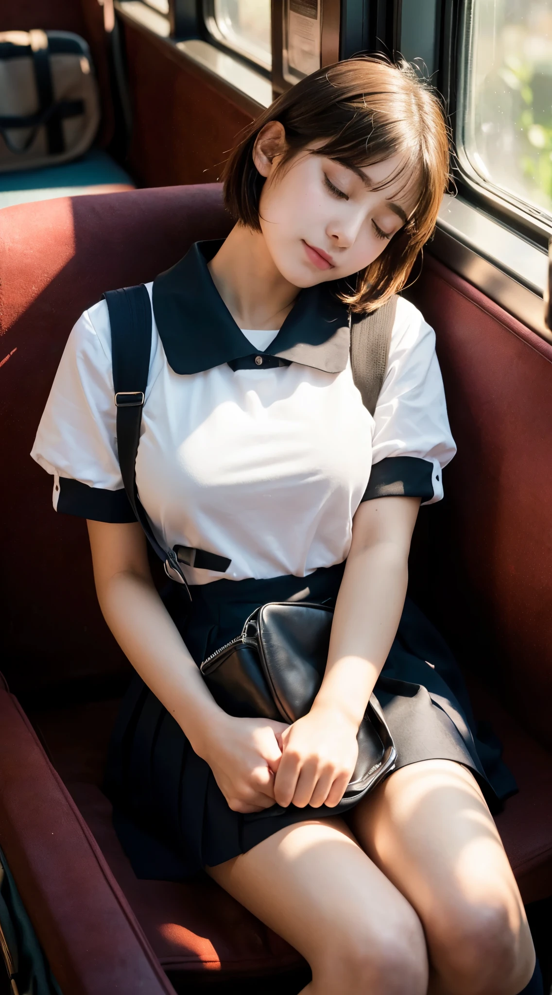 (highest quality,masterpiece:1.3,ultra high resolution),(Super detailed,caustics,8k),(photorealistic:1.4,RAW shooting),(front shot),(Close ~ eyes:1.3),on the train,(girl sitting on a chaise longue and sleeping:1.3),(illuminated by the setting sun that shines through the window:1.3),(Warm and soft light:1.3),18-year-old,black short bob,School Sailor Uniform,(carrying a school bag on his lap),big boobs,(at dusk:1.2),Natural light,