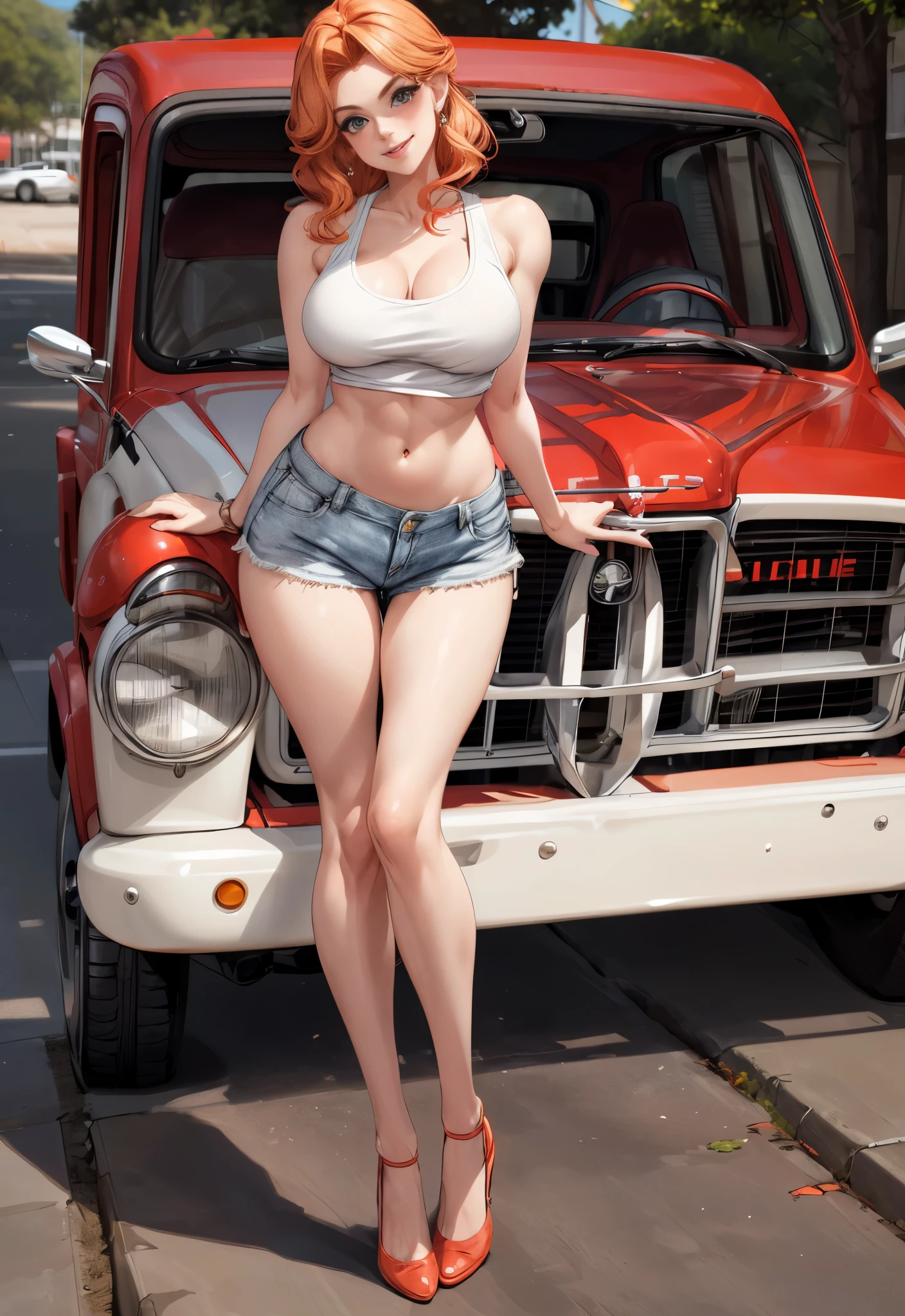 Woman in shorts and tank top standing next to a red truck, Daisy Duques, Amouranth, Diosa rubia, chica sexy con pantalones cortos, Cuerpo de pinup, Modelo Pinup, better known as amouranth, frente a un garaje, Alexa Gracia, joven hermosa Amouranth, sexy girl, Forma perfecta, cuerpo perfecto, luciendo caliente