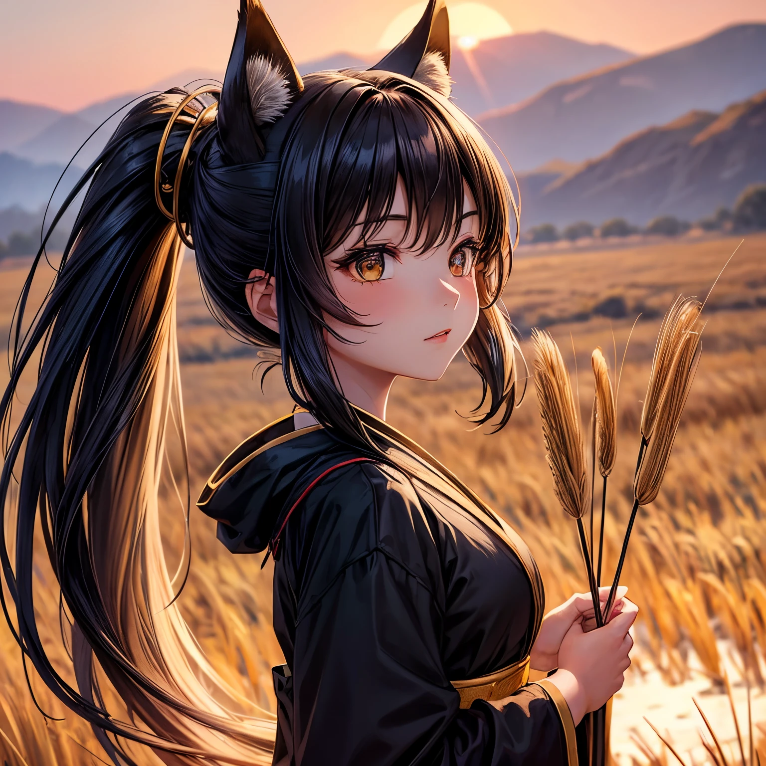 (best quality,ultra-detailed) A girl standing waist-deep in a wheat field, wearing a black kimono with golden trim. Her hair is tied up in a ponytail. Her eyes are a mesmerizing yellow color, reflecting the setting sun. The warm light gently caresses her face as she looks at the camera with a slightly sideways, fascinated expression. She wears a fox mask on her face, adding an air of mystery and intrigue.