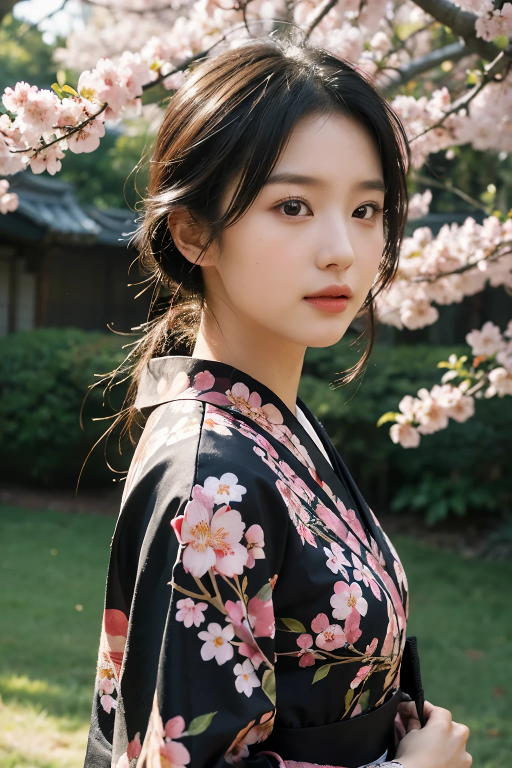 (Photoreal:1.4), (Top image quality:1.0), (超High resolution:1.0), 8K, Raw photography, (masterpiece:0.2), (最高quality Detail:1.2)、realistic、8K UHD、High resolution、(1 girl:1.2)、超be familiar withな、High quality textures、intricate details、be familiar with、Very be familiar with CG、High quality shadows、Beautiful and delicate face in every detail、Beautiful and delicate eyes in every detail、written boundary depth、ray tracing, thin, black kimono, Japanese pattern kimono, beautiful skin, facing the front,Japanese garden, (realistic:1.3),  quality, (cherry blossoms:1.2), (realistic:1.2), (最高quality), (複雑なbe familiar with), dramatic, ray tracing, photograph,