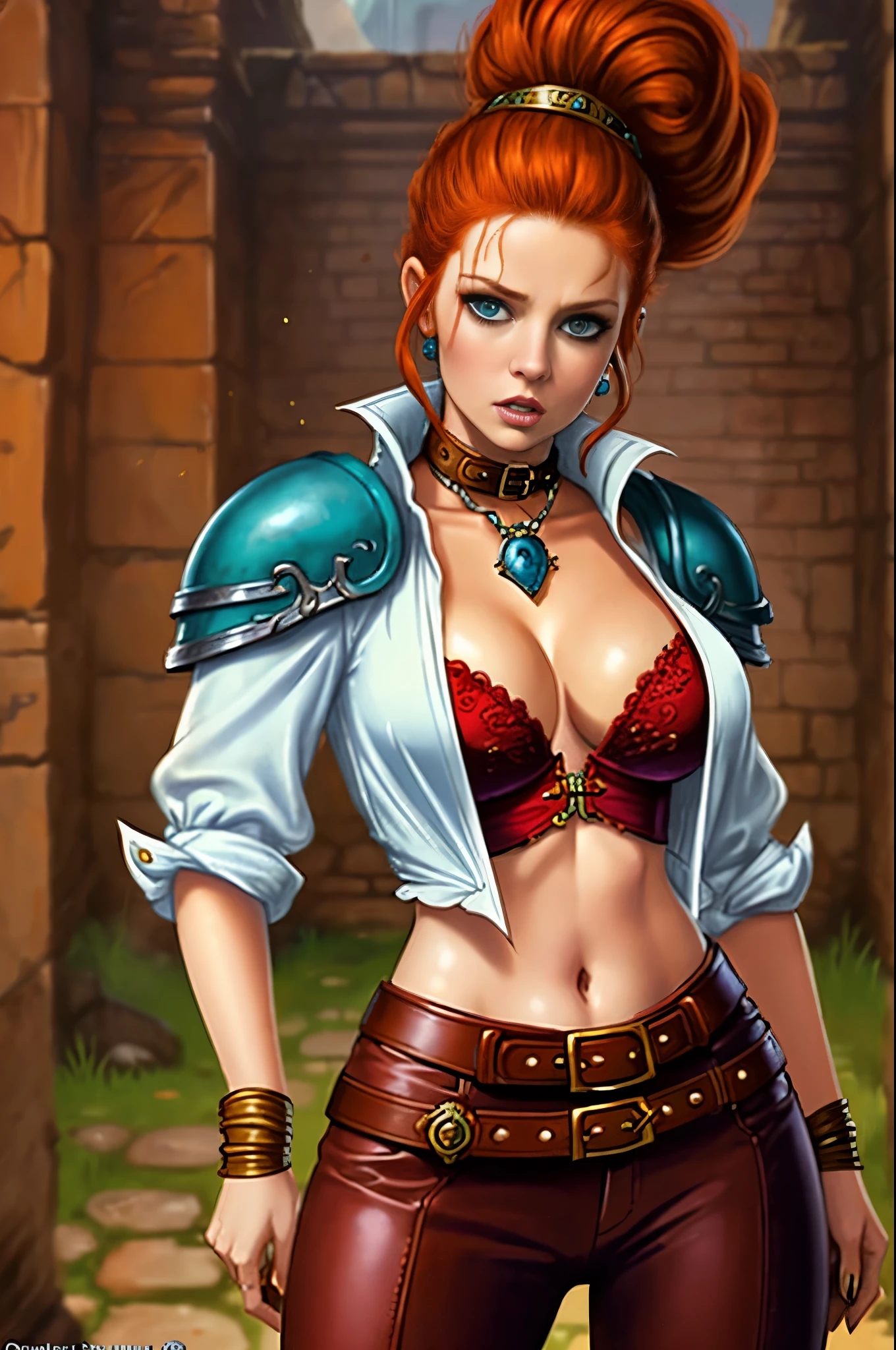 (Face-BarbaraPalvin:0.8) (D&D rogue character:1.2) painting ginger woman auburn hair (updo:1.1), loose white shirt, ((completely unbuttoned, showing navel and cleavage)), leather pants pauldron teal armor belt, detailed background ancient ruins (small_breasts:1.1) (masterpiece) (best quality) (detailed) (8k) (wallpaper) (cinematic lighting) (sharp focus) (intricate) (Style-Autumn:0.5)