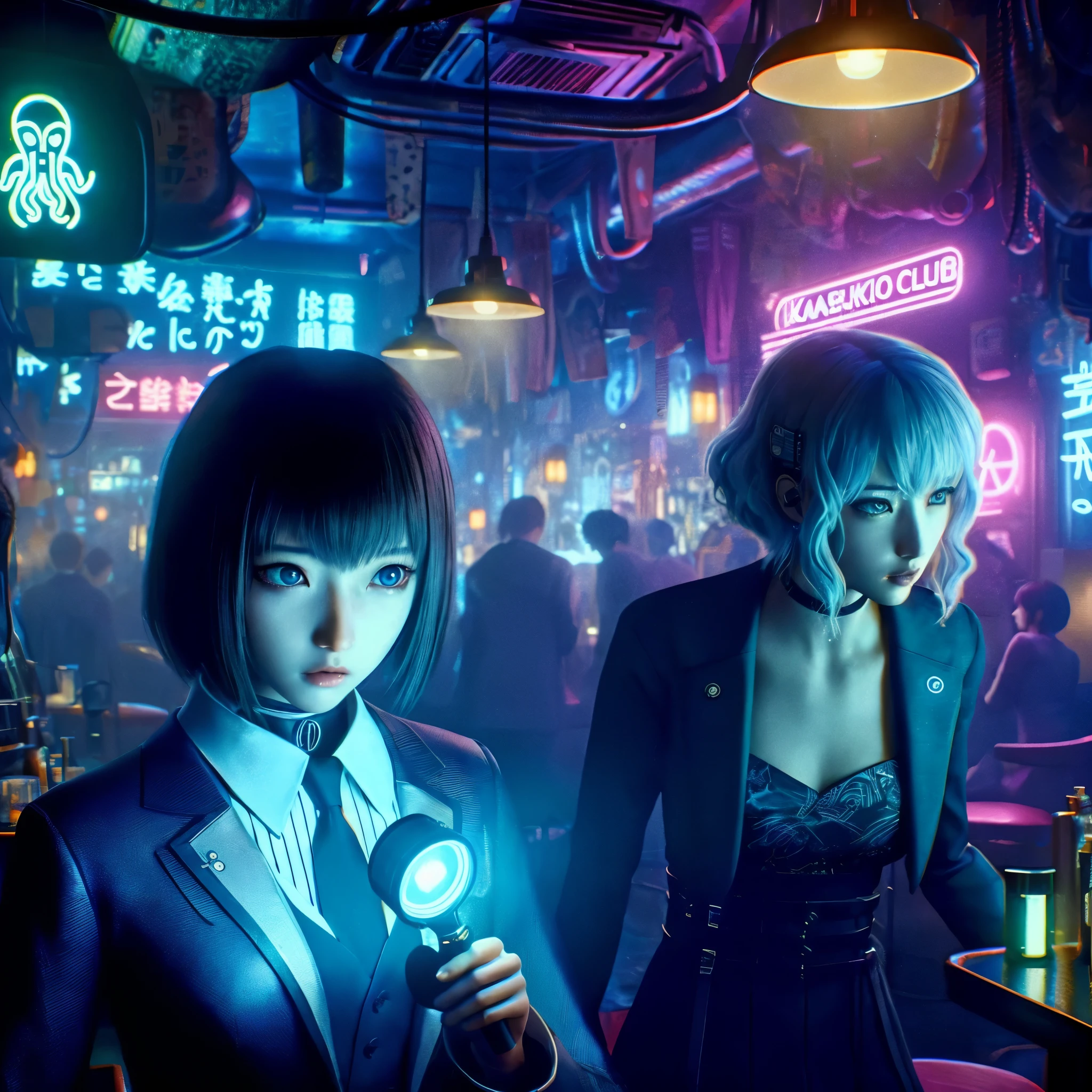 anime characters in a bar with neon lights and a woman holding a microphone, modern cyberpunk anime, beaten tech. neo noir style, futuristic cyberpunk tokyo night, cyberpunk noir, neo noir style, cyberpunk with neon lighting, hyper-realistic cyberpunk style, anime cyberpunk, in cyberpunk city, anime cyberpunk art, digital cyberpunk anime art, neo - noir style, digital cyberpunk - anime art