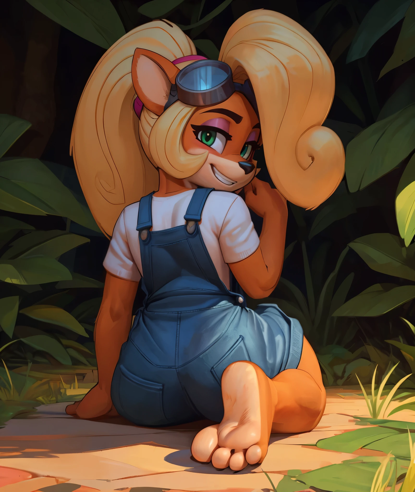 [Coco bandicoot], [Uploaded to e621.net; (Pixelsketcher), (wamudraws)], ((masterpiece)), ((HD)), ((solo portrait)), ((full body)), ((back view)), ((feet visible)), ((furry; anthro)), ((detailed fur)), ((detailed shading)), ((beautiful render art)), ((intricate details)), {anthro; orange fur, black nose, (cute green eyes), (short eyelashes), (pink eyeshadow), (long blonde curly hair), (curly ponytail), (curvy hips), (beautiful legs), (beautiful feet), (humanoid feet), (detailed soles), (blushing), (cute grin)}, {(white tee shirt), (denim overalls), (goggles on head)}, {(on ground), (kneeling), (wiggling toes), (looking back), (looking at viewer)}, [background; (tropical forest), (grass plains), (blue sky), (sun rays), (ambient lighting)]