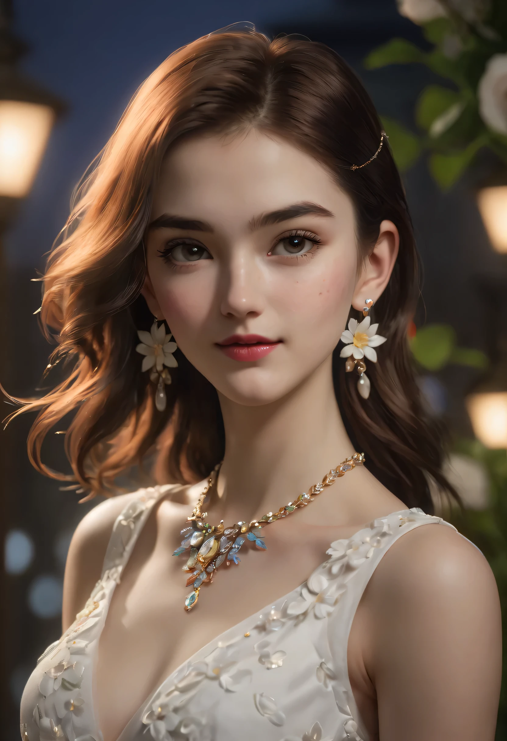 1 girl,alone,skirt,jewelry,white skirt,flower,earrings,碎flower,sleeveless,sleeveless skirt,lips,actual,sky,necklace,4K,(giggle:1.3),(direct,1.2),high resolution,masterpiece,best quality,
((Hasselblad Photography)),Delicate skin,sharp focus,(Cinema lighting),night,soft light,[:(Detailed face:1.2):0.2],