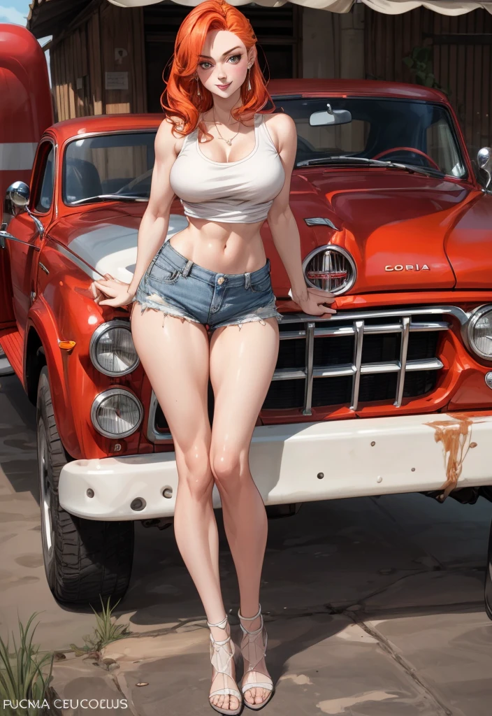 Woman in shorts and tank top standing next to a red truck, Daisy Duques, Sophie turner, Diosa rubia, chica sexy con pantalones cortos, Cuerpo de pinup, Modelo Pinup, better known as amouranth, frente a un garaje, Alexa Gracia, joven hermosa Amouranth, sexy girl, Forma perfecta, cuerpo perfecto, luciendo caliente