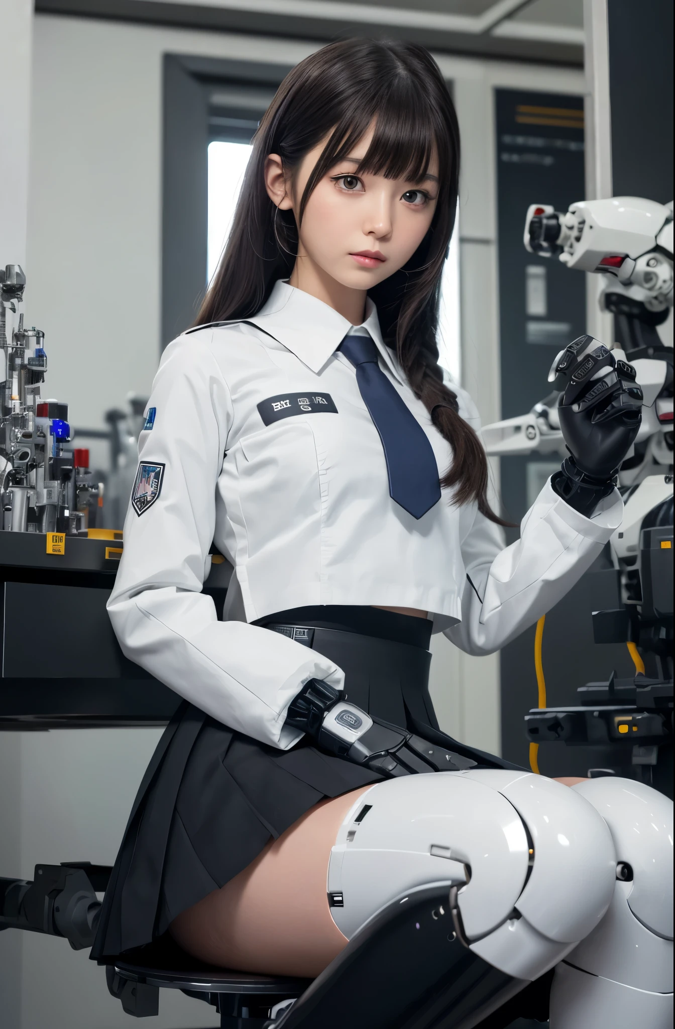 masutepiece, Best Quality, Extremely detailed, (Photorealistic:1.4),(Raw photo) (8K, 4K, Best Quality, hight resolution, 超A high resolution:1.1), (masutepiece, Realistic, Photorealsitic:1.1), 1girl in, Japaese Cyborg highschool Girl,Plump ,Navy Pleated Mini Skirt,Black tights,control panels,android,Droid,Mechanical Hand, ,Robot arms and legs, Black Robot Parts,Black hair,Mechanical body,Blunt bangs,White abdomen,White Robotics Parts,perfect robot woman,The laboratory of the future,cyberpunked,Charging spot,android factory,Robot Factory,cyborg factory,Long Tube,A thick cable connects her neck,ceramic body ,complete eyes,Striking eyes,Mechanical body,android,robot humanoid,japanese school girl uniform,tie,perfect robot girl