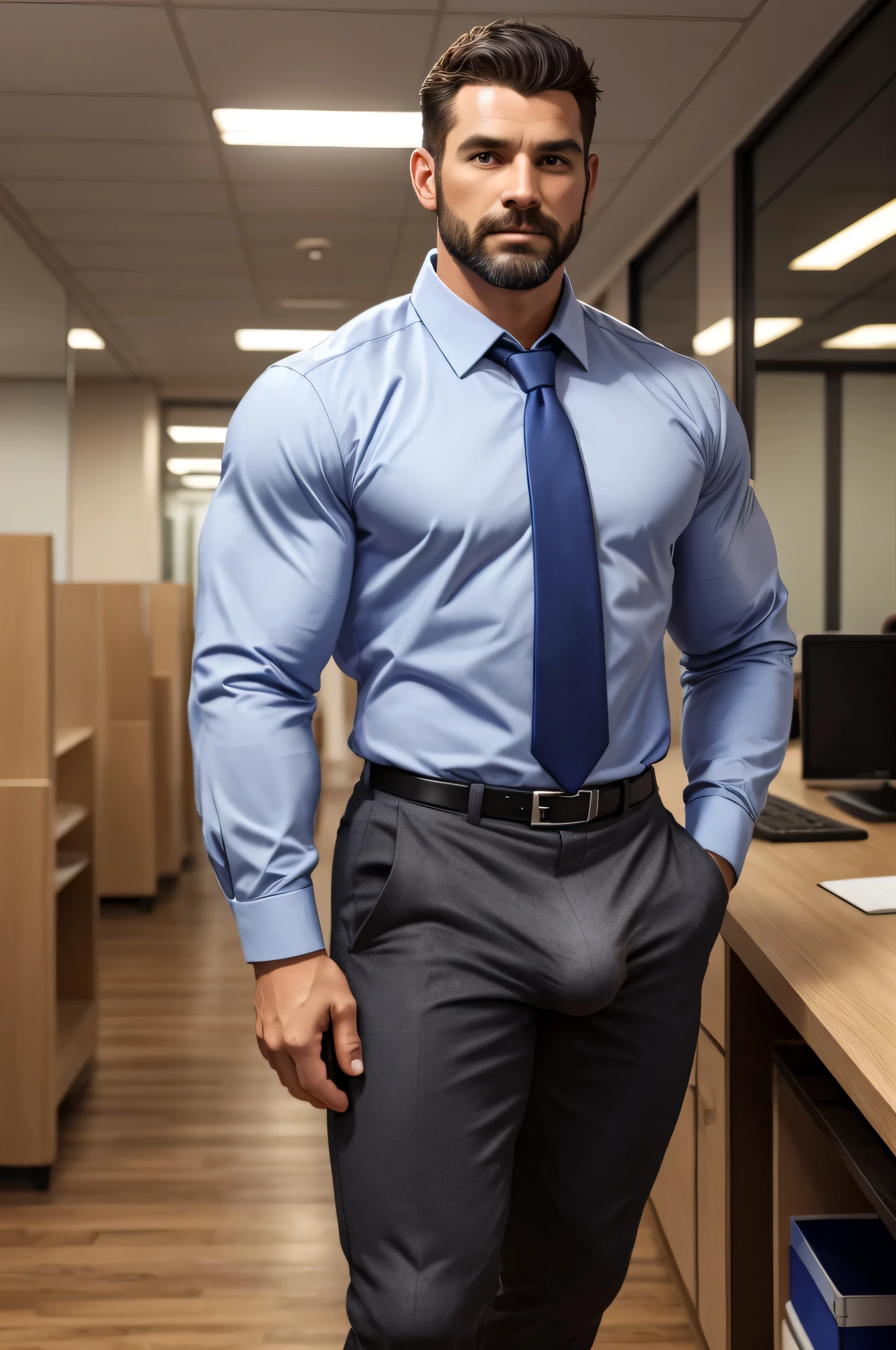 vista frontal, hombre maduro guapo (37 years), hombre blanco, Hombre hermoso, pelo negro, barbado, carrocero, bulto, Traje de oficinista, ((Plano ancho medio)), detallado, obra maestra