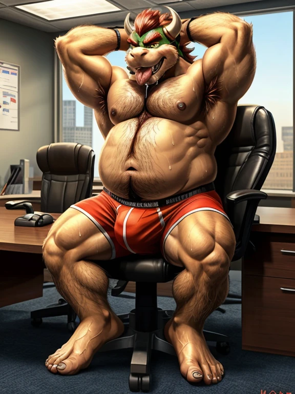 Bowser, beard, daddy, seductor, mirando al espectador, smirk, (white and red polka dots pattern oversized long loose boxers:1.3, pecs, (posing) macho, masculine, male focus, chubby, fat, de cerca, standing, frontal view, full body, office, sitting office chair, sweaty, hairy chest, hairy arms, hairy belly, hairy legs,hairy feet , musky armpits, sweaty feet, big bulge, tongue out, blushing, saliva dripping from tongue