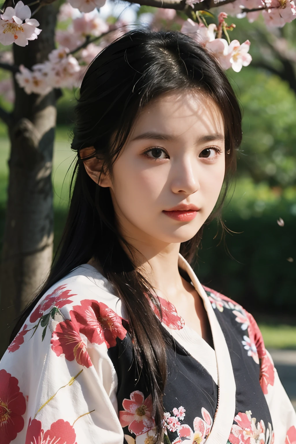 (Photoreal:1.4), (Top image quality:1.0), (超High resolution:1.0), 8K, Raw photography, (masterpiece:0.2), (最高quality Detail:1.2)、realistic、8K UHD、High resolution、(1 girl:1.2)、超be familiar withな、High quality textures、intricate details、be familiar with、Very be familiar with CG、High quality shadows、Beautiful and delicate face in every detail、Beautiful and delicate eyes in every detail、written boundary depth、ray tracing, thin, black kimono, Japanese pattern kimono, beautiful skin, facing the front,Japanese garden, (realistic:1.3), quality, (cherry blossoms:1.2), (realistic:1.2), (最高quality), (複雑なbe familiar with), dramatic, ray tracing, photograph,