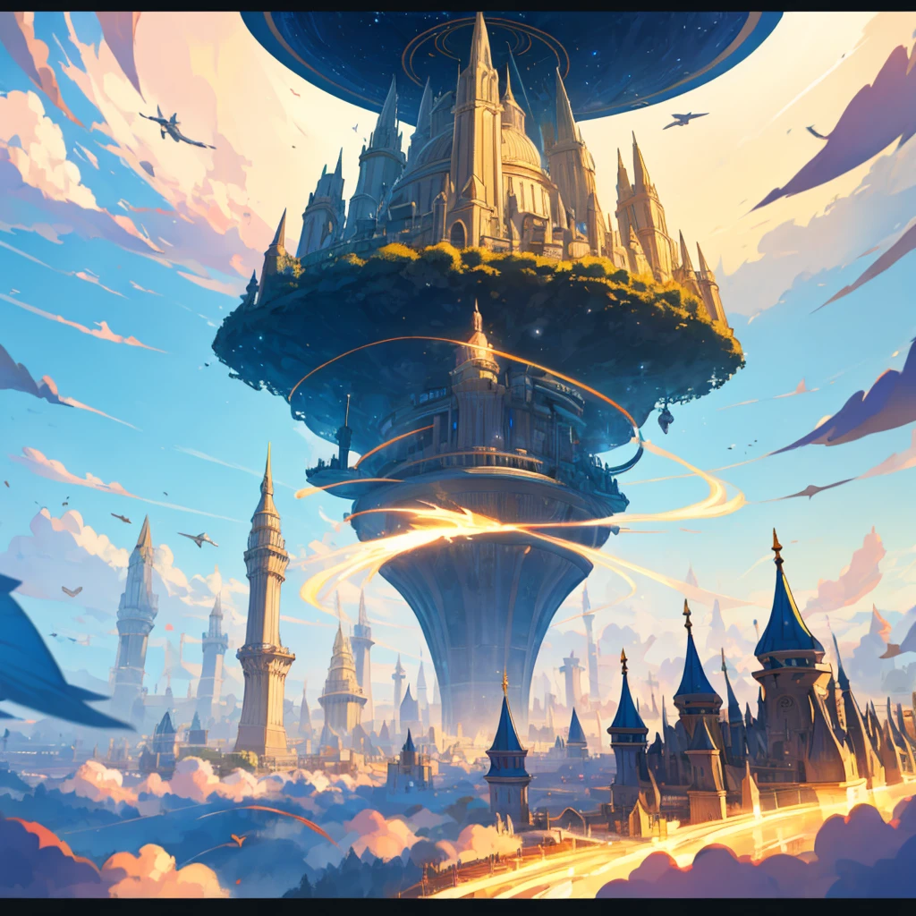 highest clarity, perfect lighting, clear focus, 16k, best quality, masterpiece, Far view，（The most distant view：2），（Panorama：1.5），（long distance top view：1.3），

（Fantasy style：1.2），（Middle Ages：2），（The city floats in the sky），Futuristic architectural art，（black architectural style：1.3），

（light is gloomy：1.3），magnificent, spectacular, huge

（Magic Tower：2），（magic circle）,（huge magic circle）,（Magic Halo），（obelisk community：2）, （flying ark city：1.3 ）,（Floating air city：1.3），Magic City，

Rendering of building with minaret roof and sky background, 