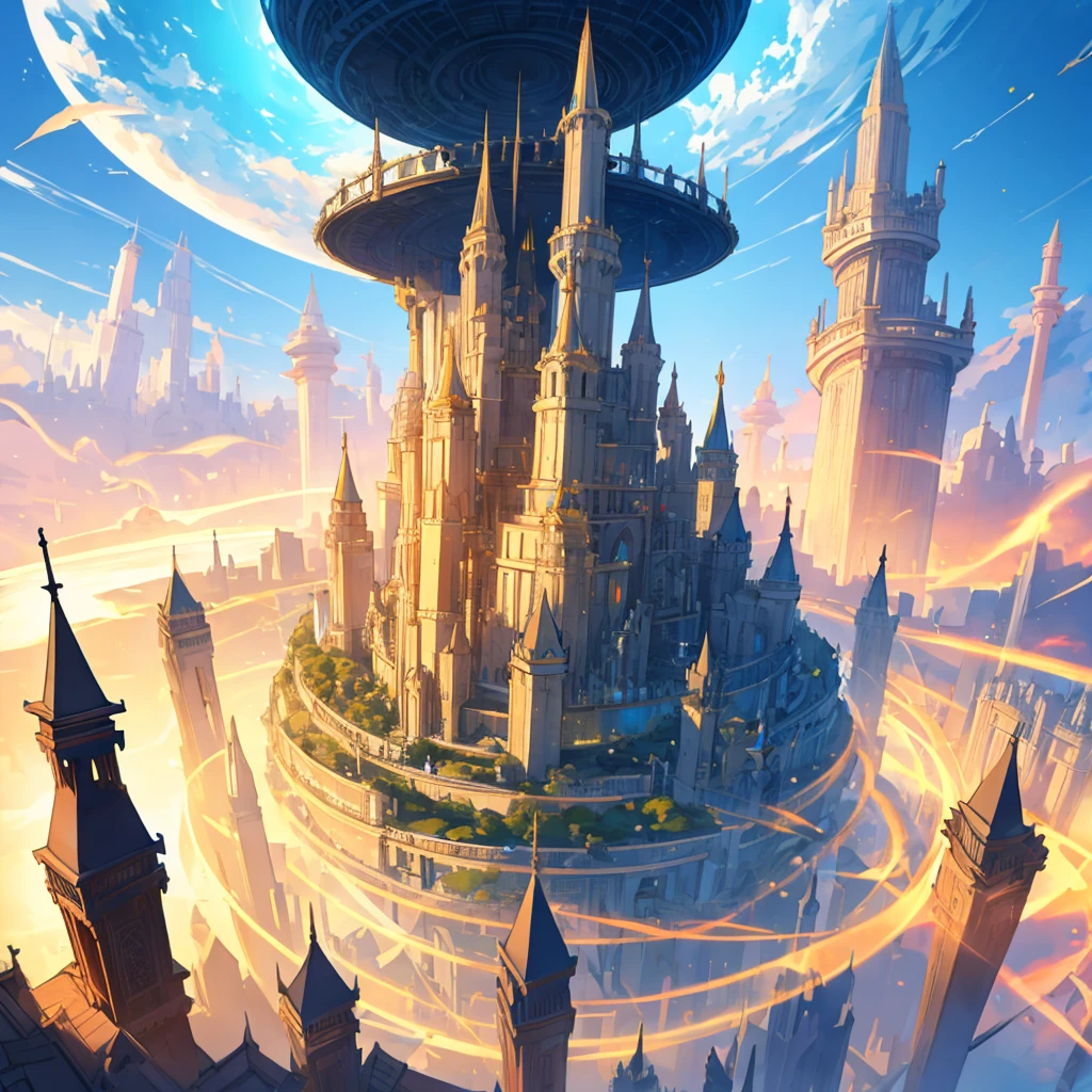 highest clarity, perfect lighting, clear focus, 16k, best quality, masterpiece, Far view，（The most distant view：2），（Panorama：1.5），（long distance top view：1.3），

（Fantasy style：1.2），（Middle Ages：2），（The city floats in the sky），Futuristic architectural art，（black architectural style：1.3），

（light is gloomy：1.3），magnificent, spectacular, huge

（Magic Tower：2），（magic circle）,（huge magic circle）,（Magic Halo），（obelisk community：2）, （flying ark city：1.3 ）,（Floating air city：1.3），Magic City，

Rendering of building with minaret roof and sky background, 