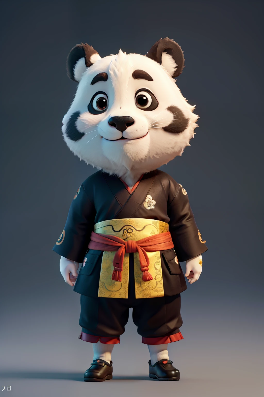 A super cute little anthropomorphic panda, adorned in Chinese Hanfu, gracefully assumes a Chinese Kung Fu pose in an exquisitely detailed Pixar style full-body portrait. The panda's expressive Bright Eyes gleam with curiosity, while its lush, silky mane is rendered to perfection in Unreal Engine and meticulously refined with Octane Render in 3D, resulting in a stunning 8K VRAY super realistic image. The medium shot emphasizes the panda's elegance and poise, bringing the Chinese cultural elements to life with exceptional detail and vibrancy.