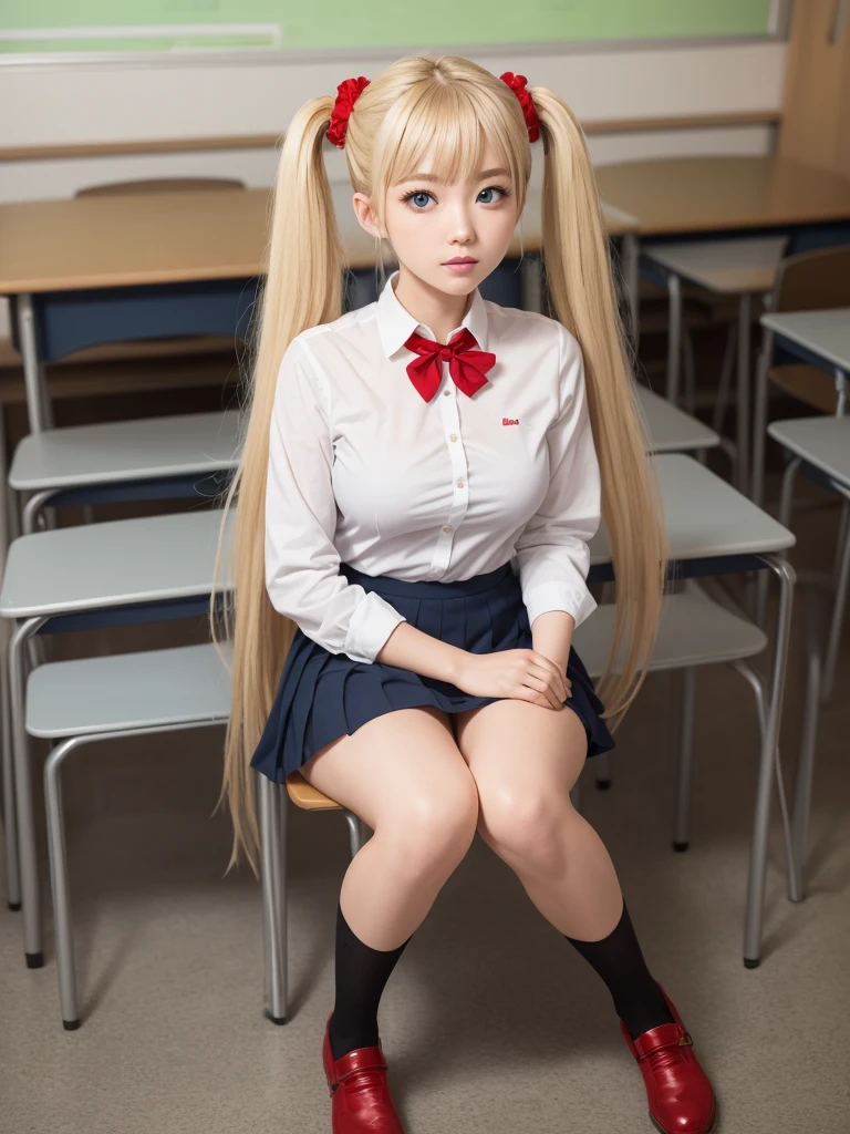 1girl, 25yo, akizuki airi, blueskye eyes, blonde_hair, twintails, very_long_hair, she is wearing it in her hair_ornament red, hair_scrunchie red, medium_breasts, akizuki airi, blueskye eyes,blonde_hair, twintails, very_long_hair, she is wearing it in her hair_ornament red, hair_scrunchie red, medium_breasts, school uniform, white shirt, red pleated miniskirt, black stockings, sitting, full body, school, classroom, ranking: explicit,