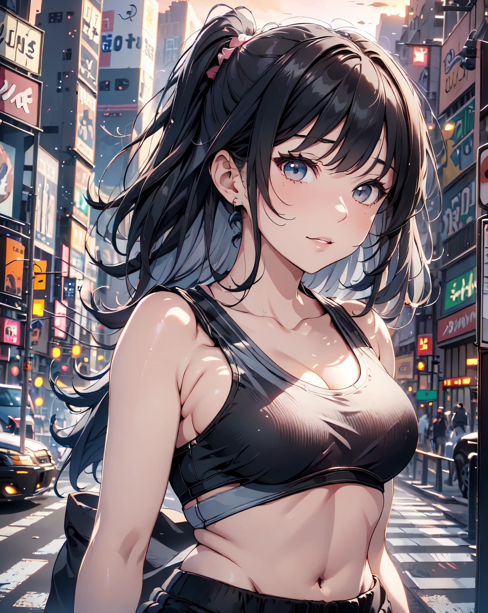 (masterpiece, best quality:1.37), high resolution, Super detailed, Super sharp, rest, korean school idol, (((1 girl:1.37, alone))), (beautiful anime face, cute face, Detailed face), (black hair, thin hair, short hair, Bangs, Ji Qie), Delicate and beautiful cyan eyes, rest, ((Detailed gray sports bra:1.5), (detail shorts:1.5)), rest, cute look, Watermelon ears, Detailed clothes), faint smile, Keep your mouth shut, open lips, pink lipstick, rest, ((permanent, Put your arms behind your back,:1.3, cowboy shooting)), detailed human hands, HDTV:1.2, ((Detailed sunset New York City downtown street view background:1.3)), 8 life size, thin and long, anime style, anime style school girl, perfect anatomy, Perfect proportion, Inspiration from Kyoto Animation and A-1 Pictures, evening, Excellent lighting, bright colors, clean lines, lifelike