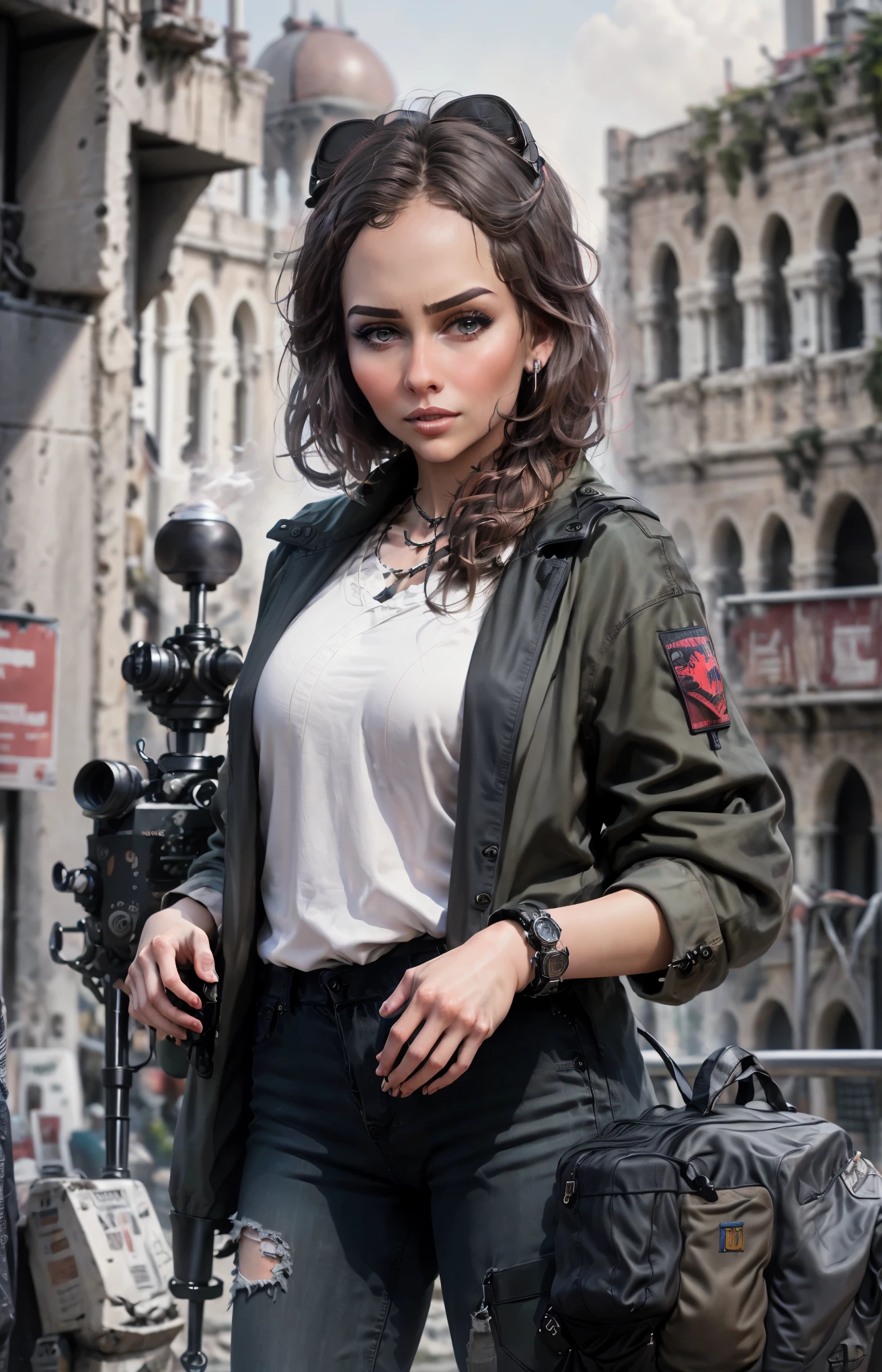 This is a hyper-detail、Ultra-high facial detail，High resolution and top quality CG Unity 8k wallpaper，The style is cyberpunk，Mainly black and red。In the picture, a beautiful girl with short hair with white messy hair appears，s delicate face，Wearing a steam mech，standing on ruins，The action of a woman holding a heavy sniper rifle in her hand