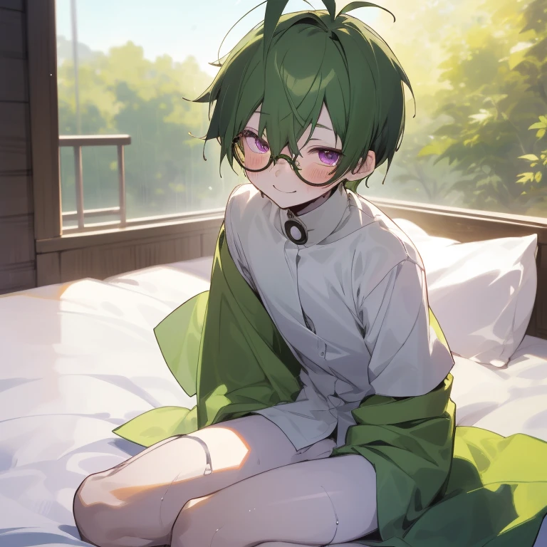 A shota boy,green hair,short hair,wearing a black circle glasses,two green antenna,purple eyes,cute,white skin,sitting on the bed,innocent,smiling,blush,wet pussy,wearing stock,nsfw,cuntboy