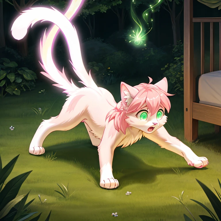 Tall and slim shocked feral Female coguar with White fur long Pink hairs and glowing Green eyes standing on all fours there are some traces of magic floating around her she  in a forest