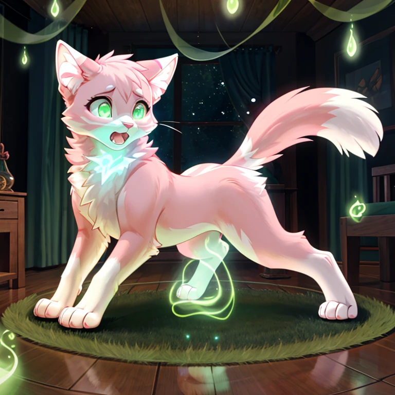 shocked and scared feral Female cat with White and pink fur and glowing Green eyes standing on all fours there are some traces of magic floating around her she is in a bedroom