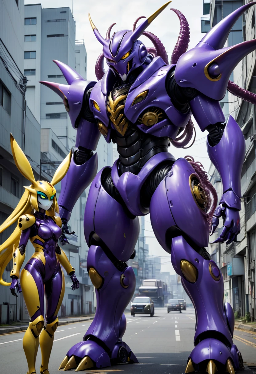 NSFW，Pilot and giant battle mecha，The pilot is inside a giant battle mech.，Pilot details(Height: 160cm，The pilot is in front of a giant battle mech.，The pilot wears a Renamon-type full body suit.，He hides his face with a Renamon-type full face.，Riding in a tentacle-shaped cockpit，Pussy is connected to tentacles，Renamon type full body suit is sticky and glossy with mucus.，evil depravity，symbiote)，Details of the giant battle mecha(Looks like a fusion of Renamon and Evangelion，symbiote，evil depravity，About 10 meters tall，standing behind the pilot)
