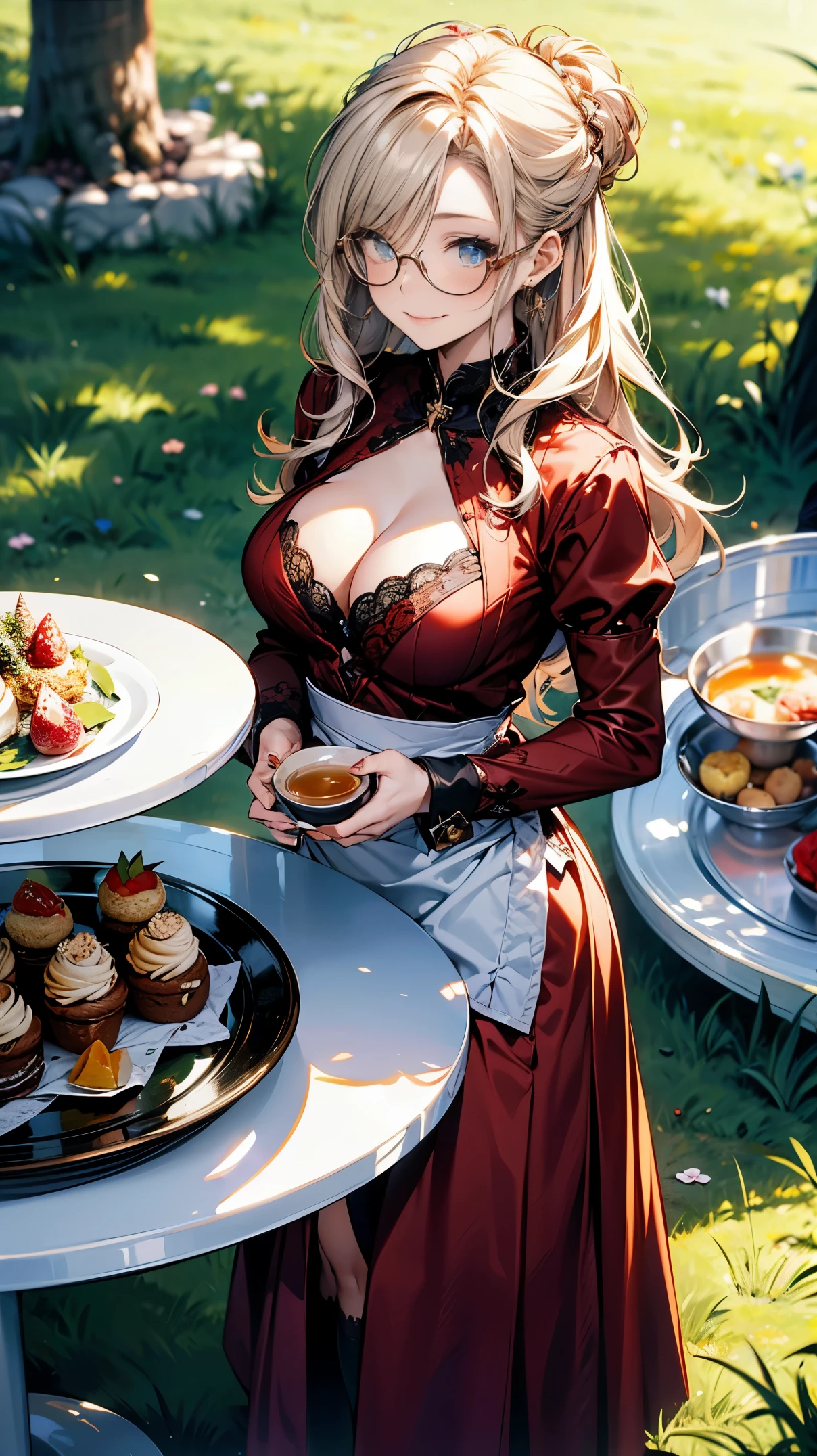 (Masterpiece, best quality), (ultra high resolution, 8K RAW photo, photo realistics:1.5, textile shading, thin outline), Beautuful Matured woman preparing tea-party in the garden, standing by the round table, (tea set, tea pot, tea cups, some cakes on dish), classy art deco style table, wearing brown maid uniform, breast cleavage, maid costume:1.2, long flare skirts, apron, long tall sally, long legs, long white hair, (wearing thin-flame glasses:1.2), (milf:1.5, 28 years old, solo), (large breast, sagging breast, big tits, narrow waist), (long white hair, hair over one eye, (updo:1.2), side lock, asymmetric hair, wavy hair), (bright pupils, detailed eyes, high detailed face, Perfect face shape, eye rush), (seductitve smiling, half-closing eyes), (looking at viewers:1.3), (dynamic angle, full body, from above:1.2), ((correct anatomy:1.5, correct hands)), (ideal ratio of body proportions), (outdoor:1.2, grass field),