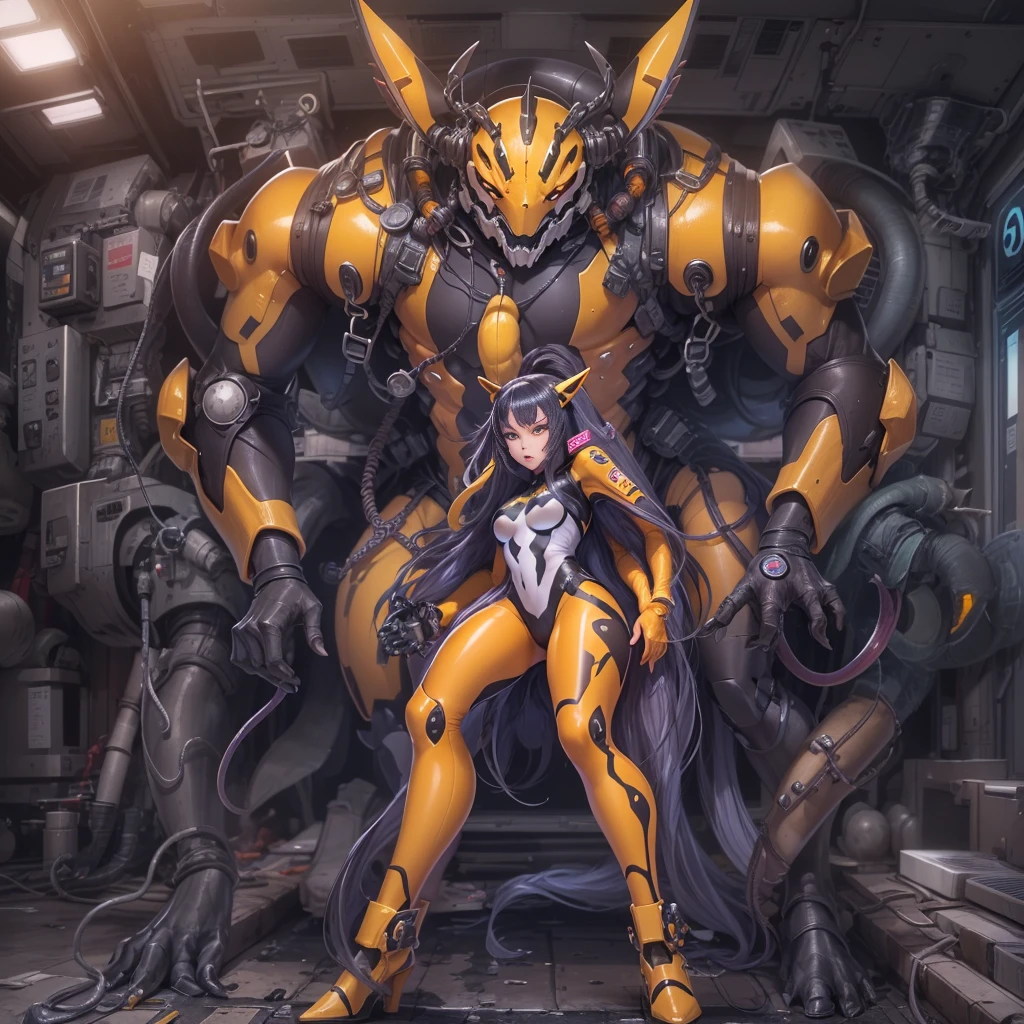 NSFW，Pilot and giant battle mecha，The pilot is inside a giant battle mech.，Pilot details(Height: 160cm，The pilot is in front of a giant battle mech.，The pilot wears a Renamon-type full body suit.，He hides his face with a Renamon-type full face.，Riding in a tentacle-shaped cockpit，Pussy is connected to tentacles，Renamon type full body suit is sticky and glossy with mucus.，evil depravity，symbiote)，Details of the giant battle mecha(Looks like a fusion of Renamon and Evangelion，symbiote，evil depravity，About 10 meters tall，standing behind the pilot)