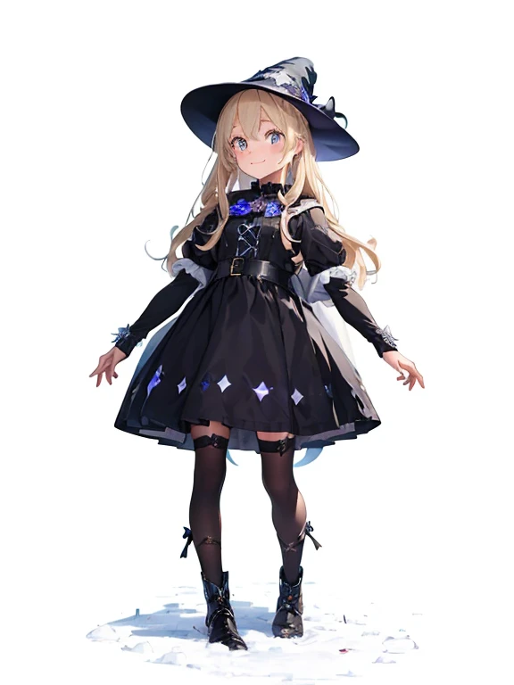 (((One young girl wearing astral witch clothes))), wearing a french hat, ((astral witch clothes)), witchcore clothes, fantasy style clothing, (((fantasy winter city)), blonde long hair, black pupils, moon symbols, smiling