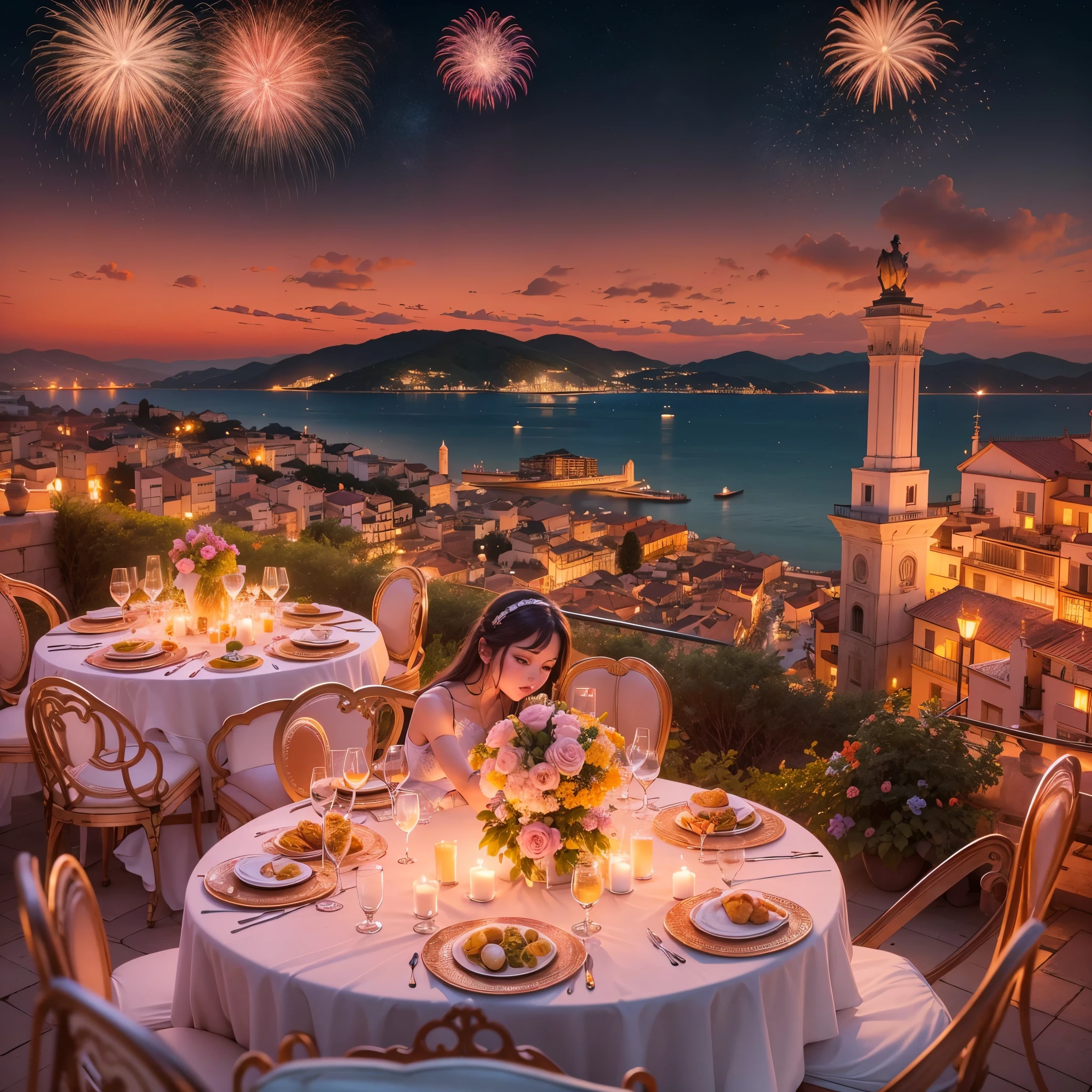 "Please create an image that presents a spectacular and unforgettable show in Porto Fino, Italy. This show takes place by the sea, during the mesmerizing sunset, which paints the sky with shades of orange, pink and gold. The scene is captured from a high angle that offers a stunning panoramic view, highlighting not only the spectacle itself, but also the picturesque landscape around it.
The spectacle is illuminated by a display of fireworks that dance across the sky, creating a play of vibrant colors and synchronized movements. The watching audience is immersed in awe, their silhouettes accentuated by the dazzling colors of the fireworks. In the bay in front, elegant yachts are moored, adding a layer of sophistication to the scene.
The stage where the show takes place is richly decorated, with luxurious details that match the setting. The audience tables are adorned with a predominant arrangement of red, pink and yellow roses, adding a touch of elegance and romanticism to the atmosphere.
The image must be created in the style of Chromolithography, characterized by bright, striking colors and great attention to detail, capturing the magic and energy of this moment. The aspect ratio must be 16:9, and the image must have a depth of field setting of 5.2. lovely man and girl kissing.