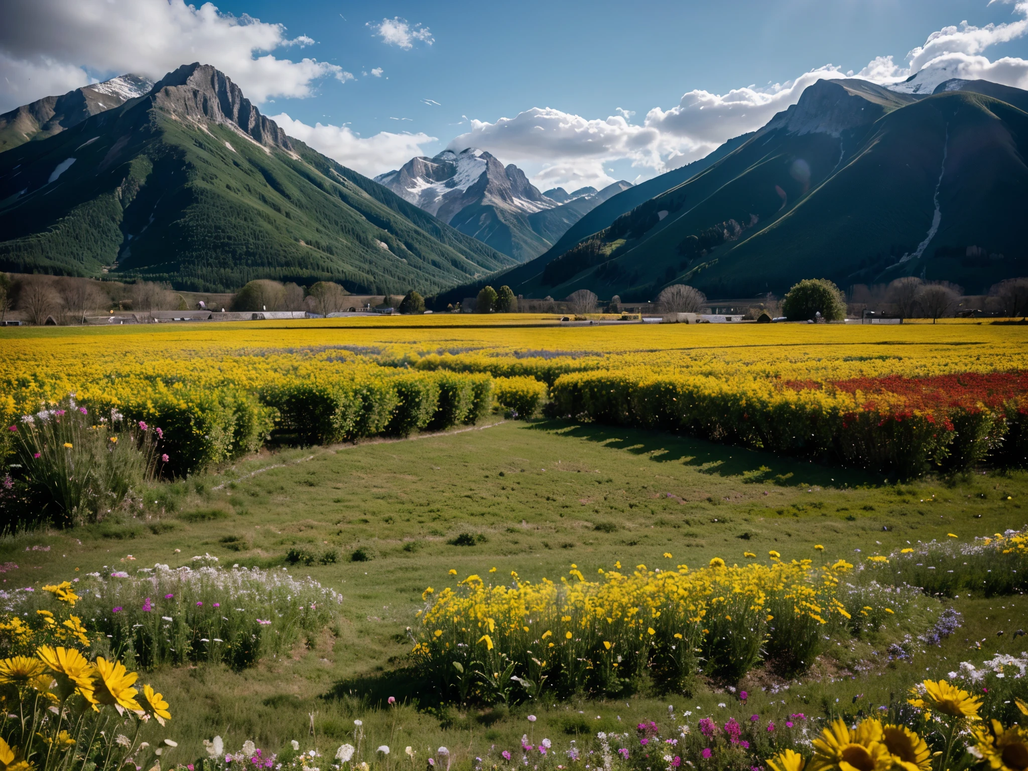 Super 4k images, atmosphere in a flower field,  a mountain in the background