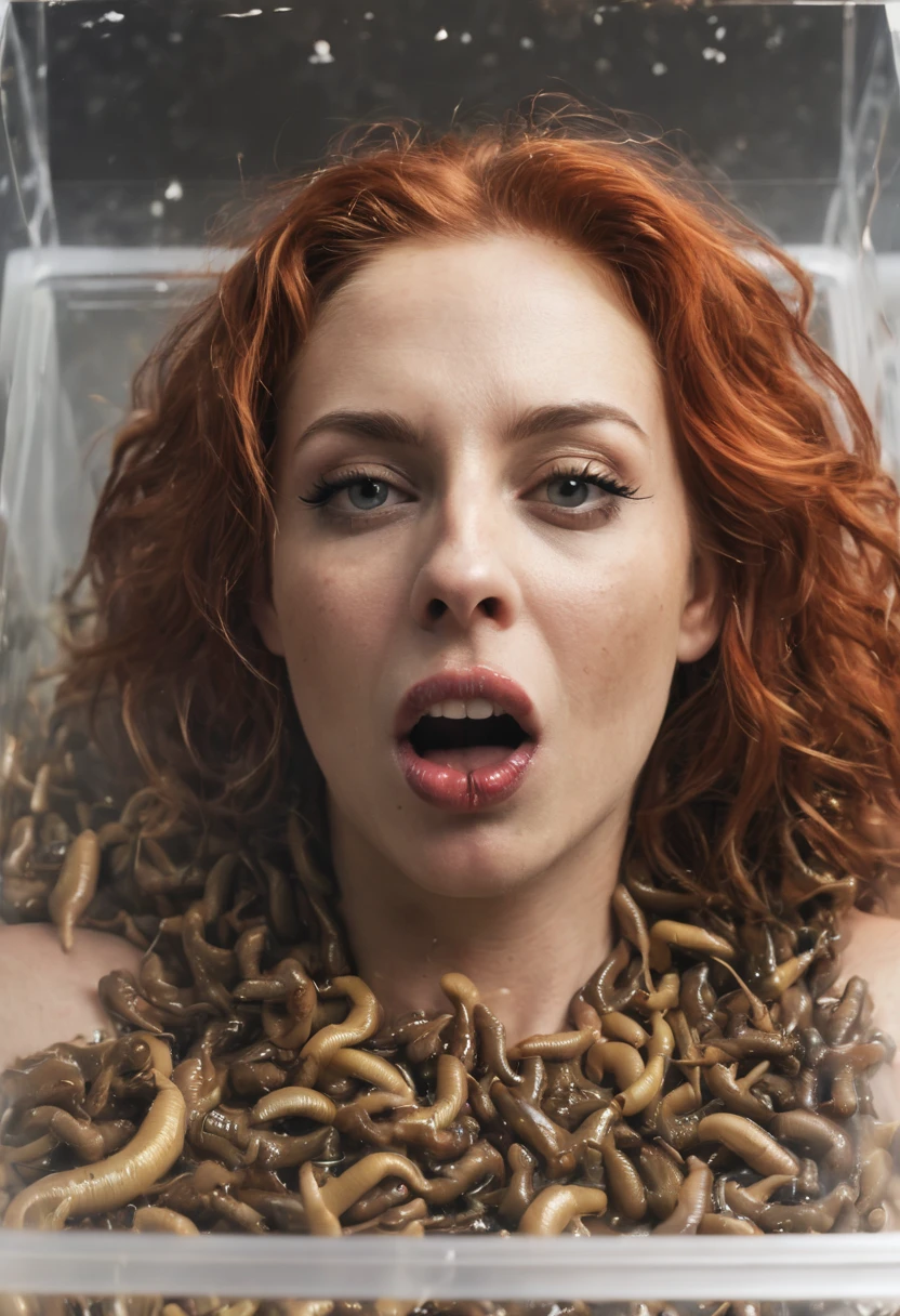 (((hot white woman in a clear box full of slugs))), (((orgasm))) (((tounge out))), (((mouthful of slugs ))), (((slime in mouth))), (((slugs worms in her mouth))) 1.2, ((slugs covering her body)), red hair, eyes open