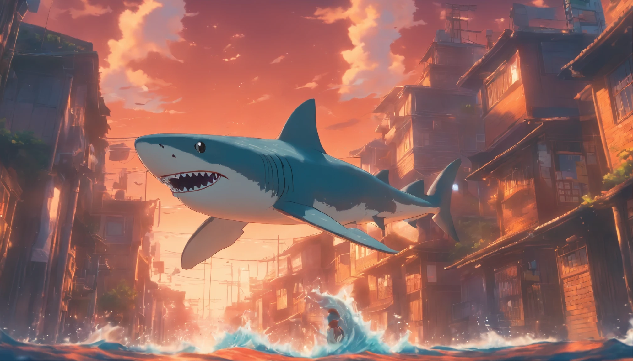 Shark swimming over the city，Looking up，Makoto Shinkai animation style，Makoto Shinkai animation art style，Ultra-wide angle of view，Chinese style，Red brick house in the 1980s，Vision，The colors are bright and bright，Super fine，Super detailed，high quality，8k ，oc rendering，dynamic perspective，Super real，Super real照片
