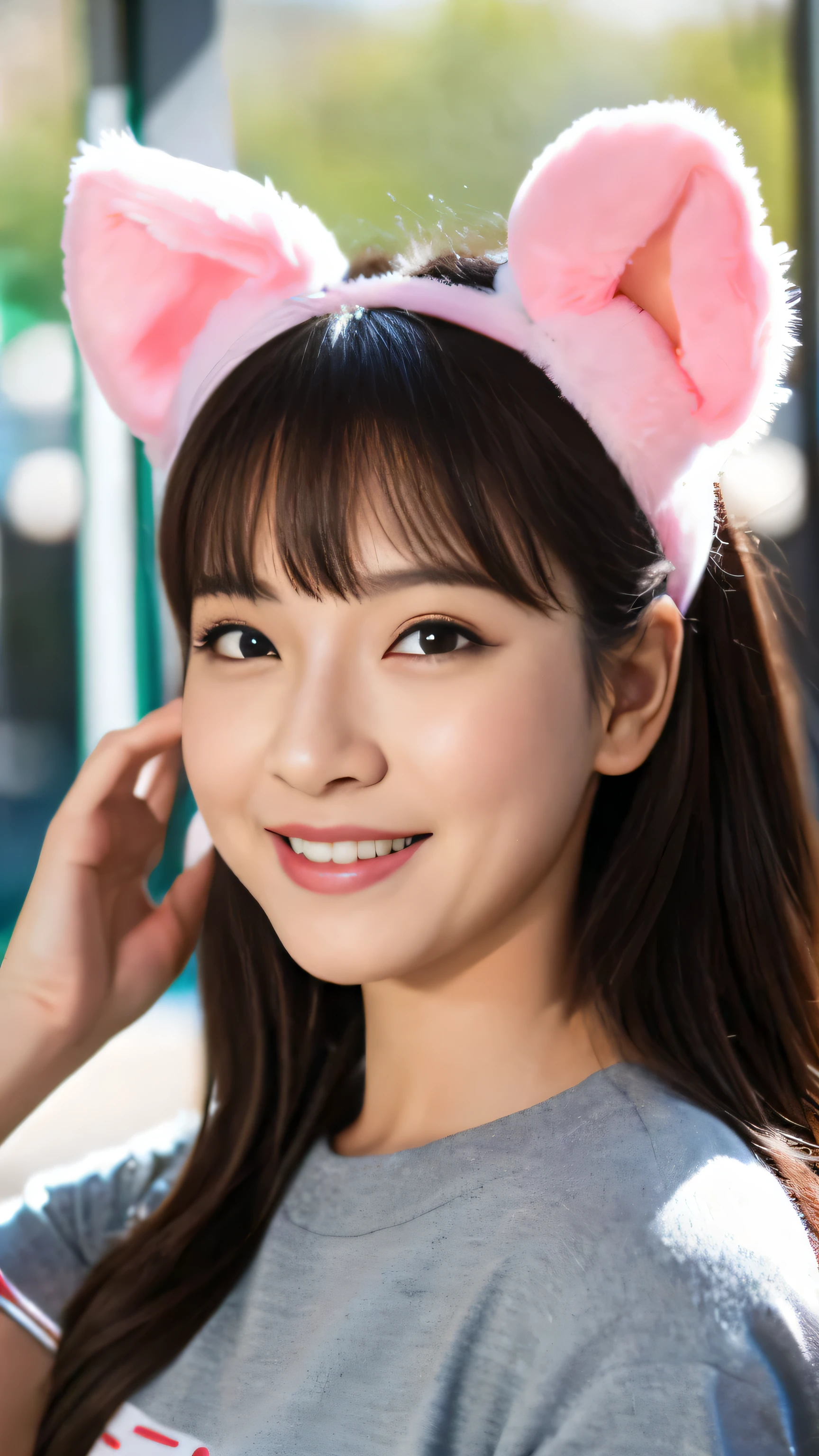 downbrouse、(Cat-eared headband、Tight T-shirt:1.2)、(realisitic、Photorealsitic、ultra-detailliert、Highest Details Skins、top-quality、​masterpiece、超A high resolution)、Realistic skin type、Japanese style face、a 、japanes、18year old、no-makeup、Very pretty girl、Cute smile、Inside the theme park、abdominals、A slender、blurry backround、Pro lighting、short-cut、shot from a side angle