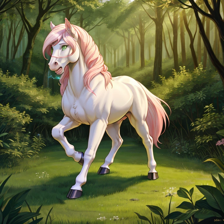 shocked and scared feral Female horse with White fur long Pink mane and glowing Green eyes standing on all fours hooves there are some traces of magic floating around her she is in a forest
