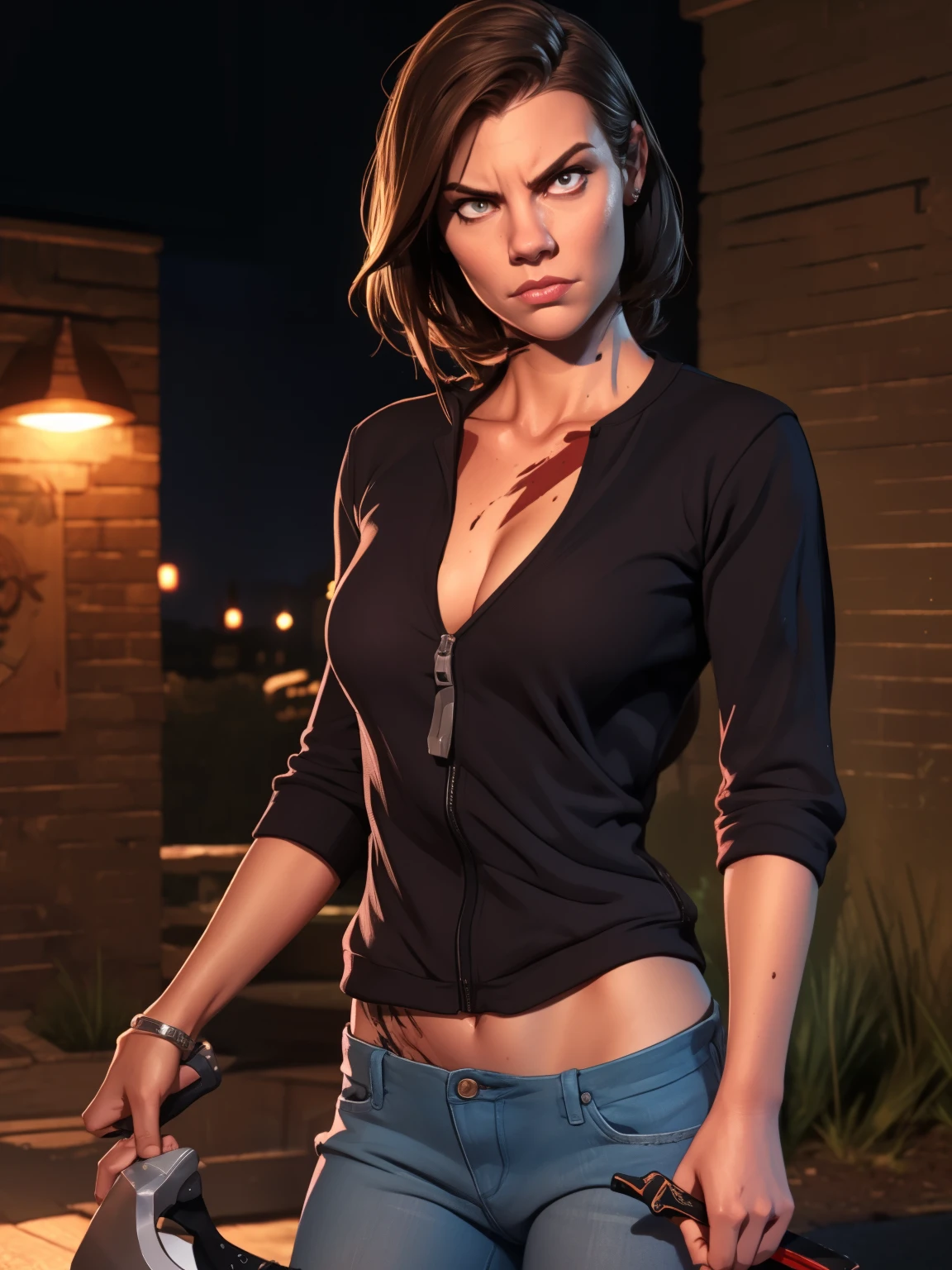 estilo gta + 3D Render, tela de carregamento GTA, arte gta, (((Sozinho))), 1 garota, 1 garota, sozinha, retrato de meio corpo, Retrato de Maggie do TWD, Rosto de Lauren Cohan, (((roupa suja de sangue))), ((angry face)), (((holding knife in hand))), fantasia meggie de The Walking Dead, roupas estilo The Walking Dead, (((noite, noite))) , altamente detalhado, Rosto definido, ((corpo quente, garota gostosa, sensual, sexy))), comic, O estilo dos mortos-vivos. (((a background destroyed city with zumbis, zumbis)), horror, creepy. Hyperrealistic, Unreal engine 5.