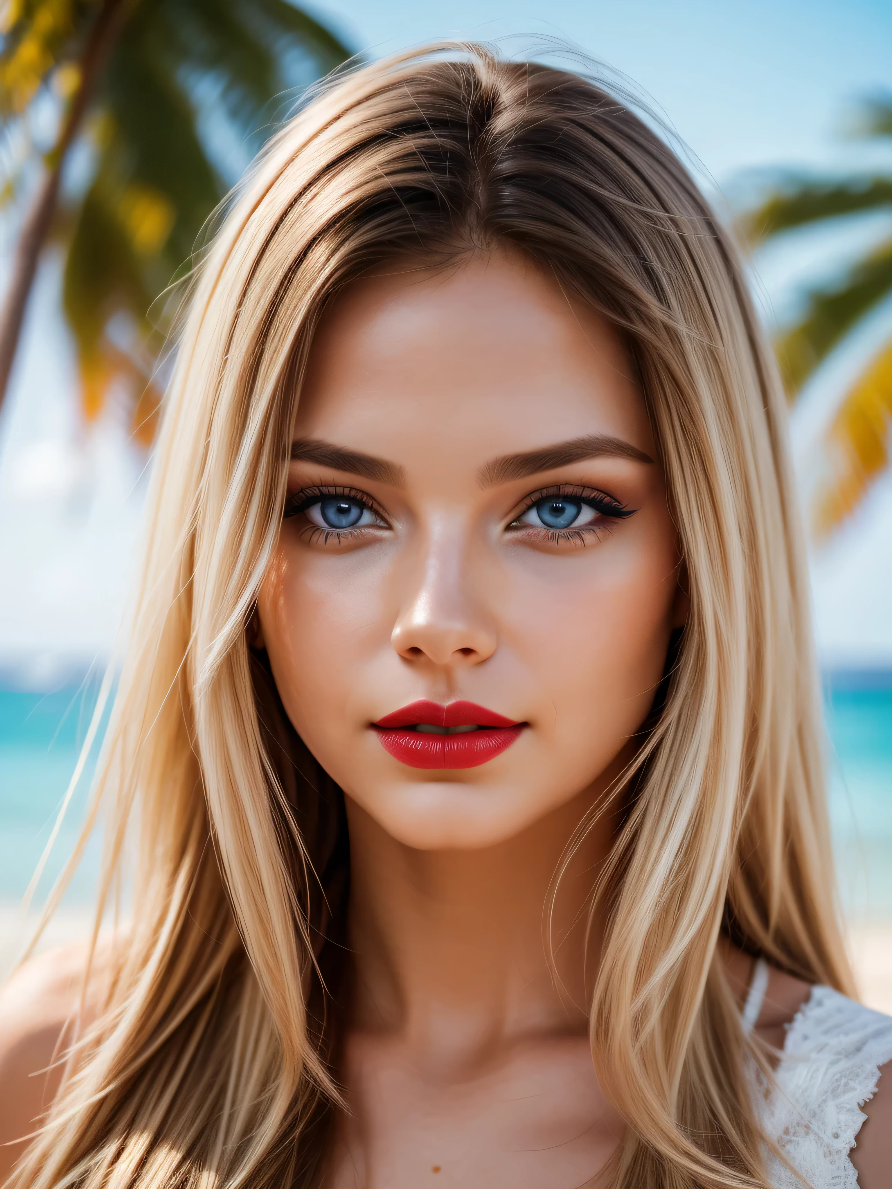 beauty wman face long blode hair, blue eyes, red lips, realistic skin texture background sandy sunny beach photo realistic 8k shallow depth of field bokeh lights on face