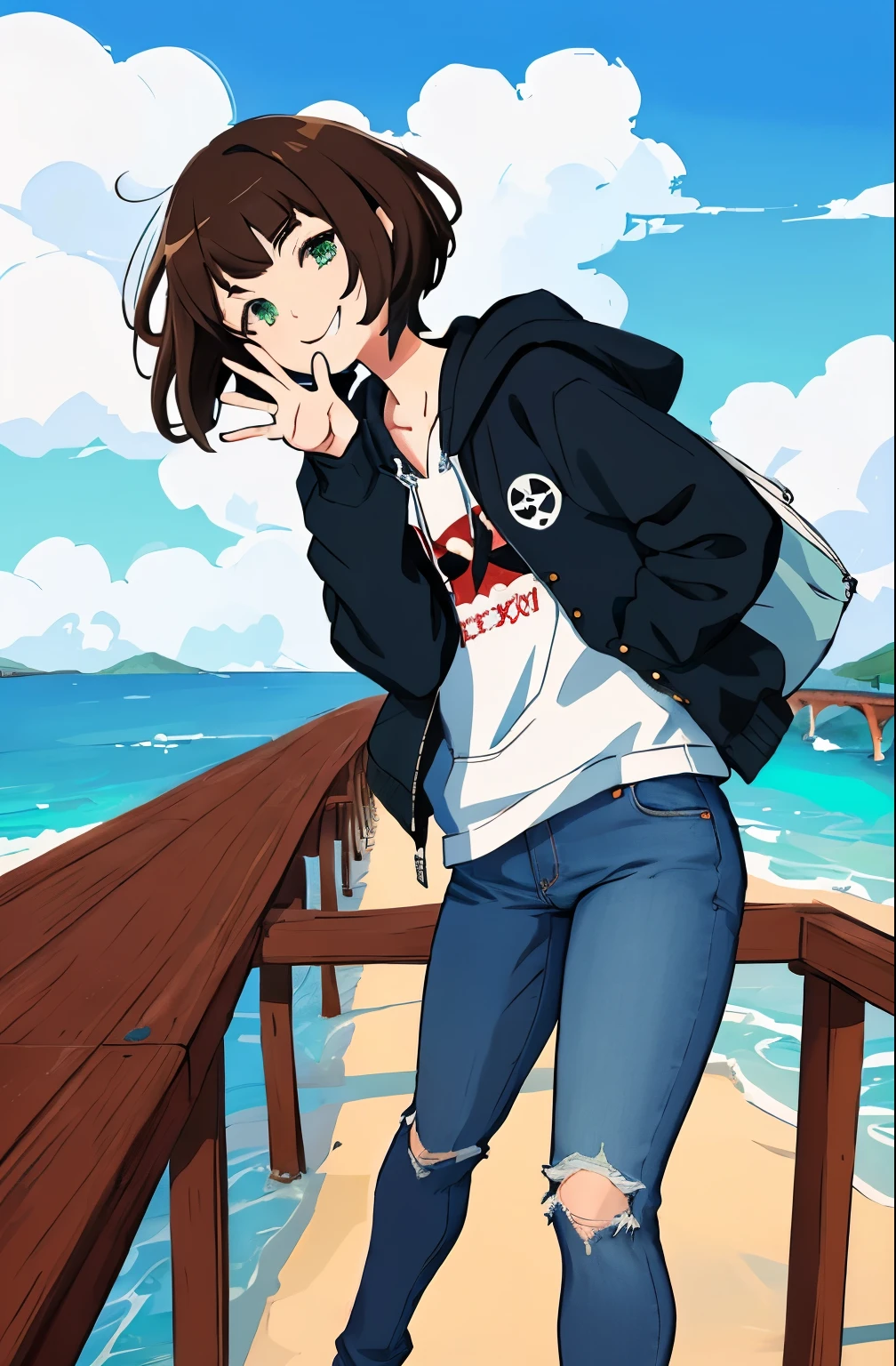 Ultra-detailed, High resolution, ilya kuvshinov style, anime moe art style, best anime 8K konachan wallpaper, Pixiv Contest Winner, Perfect Anatomy, UHD, High detailed, dynamic perspective pose, dynamic pose perspective, 3 / 4 pose, line sketch, gesture drawn, hands behind her body pose!, anime pose, outlines, 1girl, the ocean, railing, wearing jeans, jeans, denim pants, smile, (waving:0.9), standing under the bridge, beach background, sky background, wooden bridge, wearing hoodie, short hair, green eyes, hoodie girl, light brown hair, short brown hair, not wearing hat, no hat,