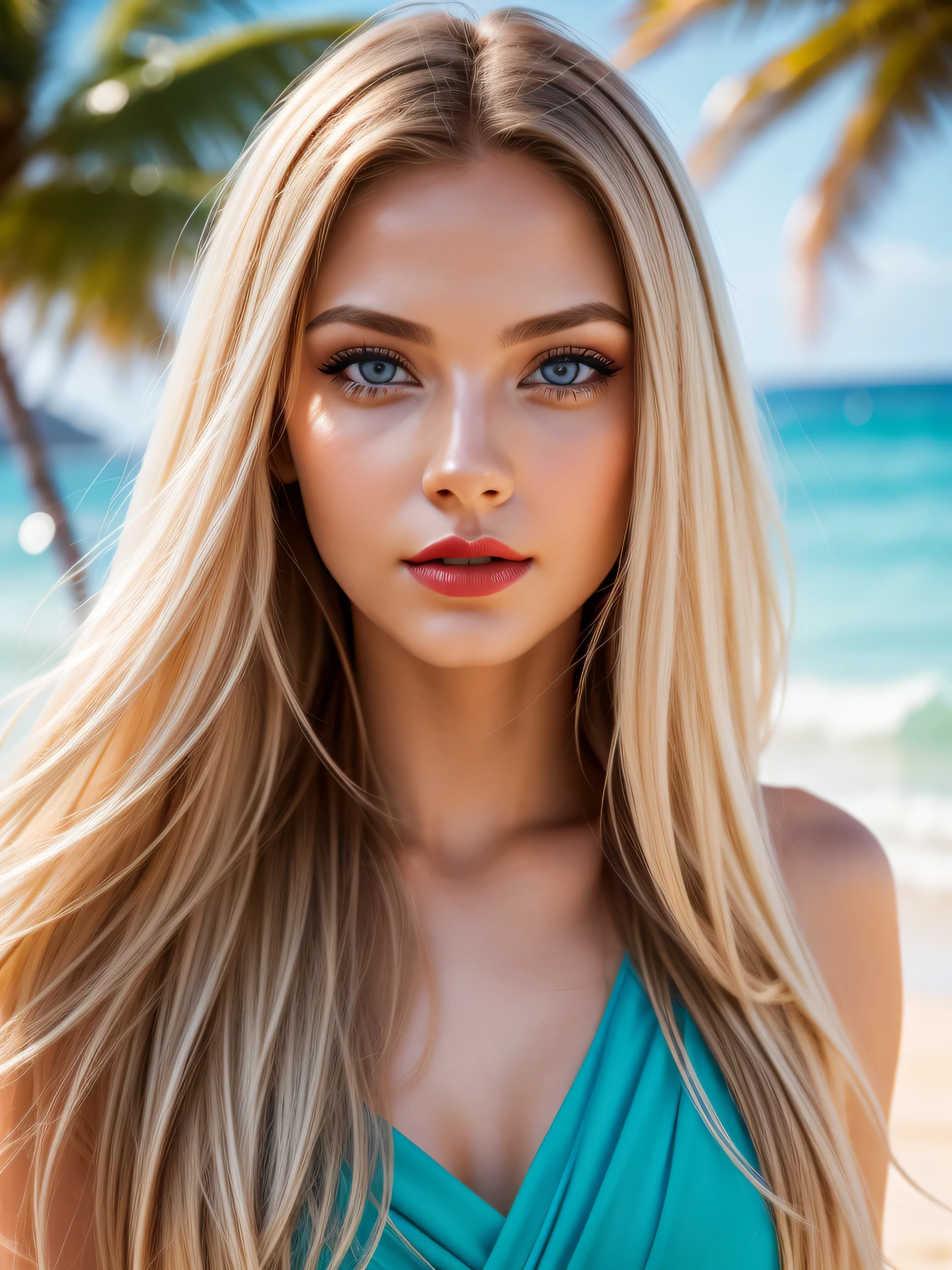 beauty wman face long blode hair, blue eyes, red lips, realistic skin texture background sandy sunny beach photo realistic 8k shallow depth of field bokeh lights on face