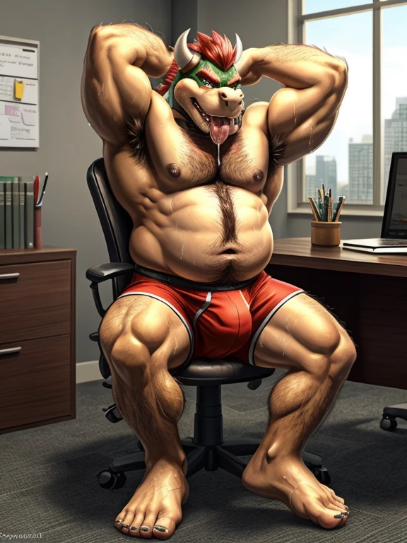 Bowser, beard, daddy, seductor, mirando al espectador, smirk, (white and red polka dots pattern oversized long loose boxers:1.3, pecs, (posing) macho, masculine, male focus, chubby, fat, de cerca, standing, frontal view, full body, office, sitting office chair, sweaty, hairy chest, hairy arms, hairy belly, hairy legs, hairy feet, musky armpits, sweaty feet, big bulge, tongue out, blushing, saliva dripping from tongue, his son licking his feet