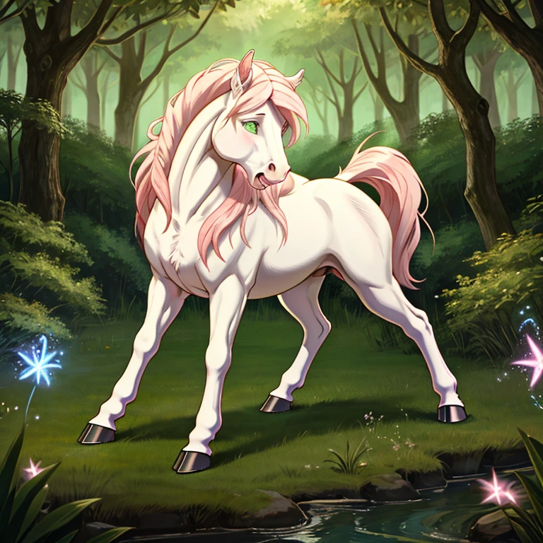 shocked slim and tall feral Female unicorn with White fur and long pink mane and tail and glowing Green eyes standing on all fours hooves there are some traces of magic floating around her she is in a forest 