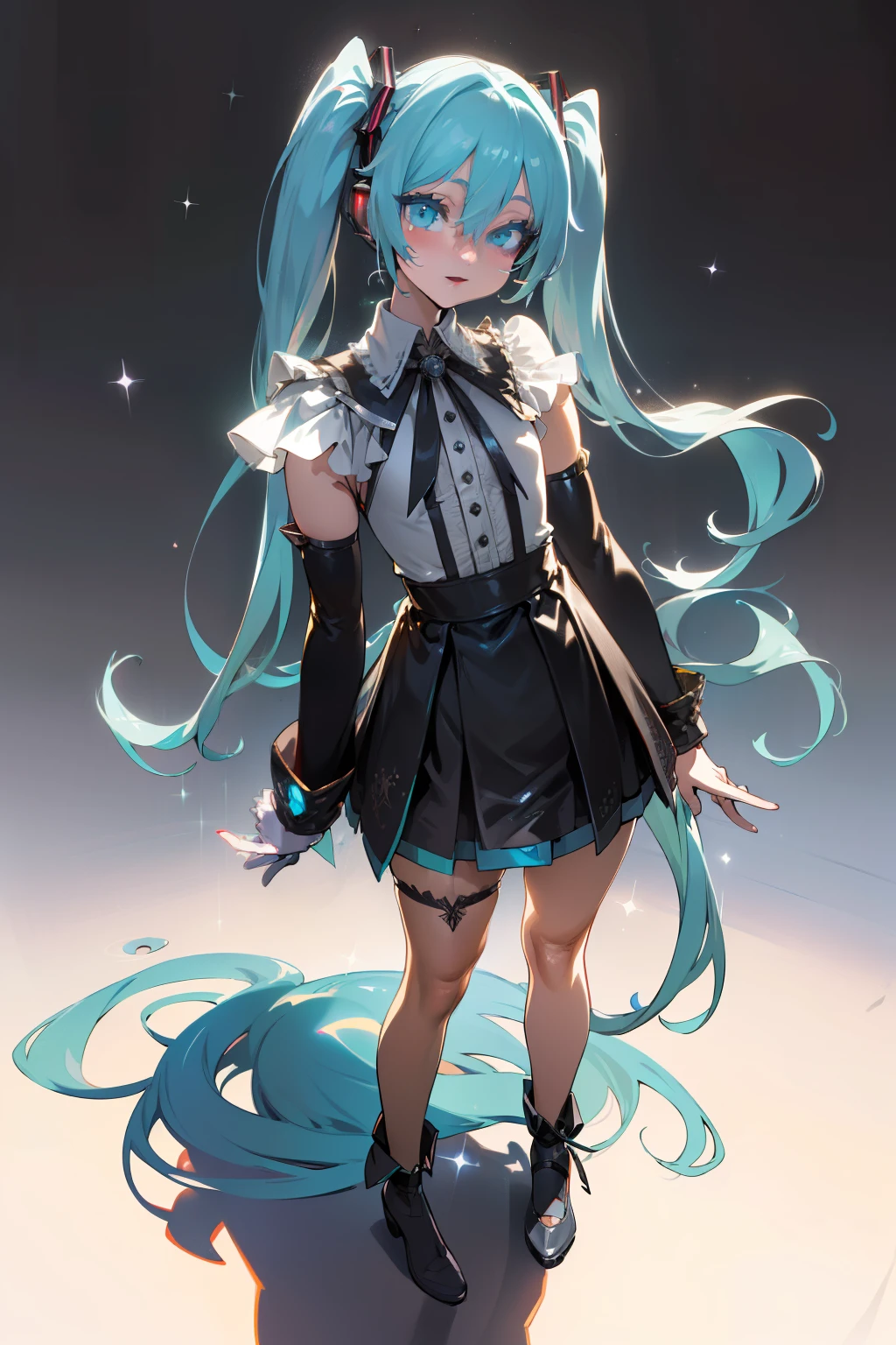 (((Asanagi Art Style))), (((1girl))), (((Waifu, VOCALOID, Miku Hatsune Waifu))), (((Long Hair, Twintails Hair))), ((Cyan Eyes eyes:1.3, Upturned Eyes: 1, Perfect Eyes, Beautiful Detailed Eyes, Gradient eyes: 1, Finely Detailed Beautiful Eyes: 1, Symmetrical Eyes: 1, Big Highlight On Eyes: 1.2)), (((Lustrous Skin: 1.5, Bright Skin: 1.5, Skin Fair, Shiny Skin, Very Shiny Skin, Shiny Body, Plastic Glitter Skin, Exaggerated Shiny Skin, Illuminated Skin))), (Detailed Body, (Detailed Face)), Young, (Best Quality), Shirt, Loose Skirt, Garter Belt, Stockings, High Resolution, Sharp Focus, Ultra Detailed, Extremely Detailed, Extremely High Quality Artwork, (Realistic, Photorealistic: 1.37), 8k_Wallpaper, (Extremely Detailed CG 8k), (Very Fine 8K CG), ((Hyper Super Ultra Detailed Perfect Piece)), (((Flawlessmasterpiece))), Illustration, Vibrant Colors, (Intricate), High Contrast, Selective Lighting, Double Exposure, HDR (High Dynamic Range), Post-processing, Background Blur, Inky Shadows, Darker Shadows, Thick Shadows, High Quality Shadows, high detail, realistic, Cinematic Light, sidelighting, Lens Flare, Ray tracing, sharp focus,