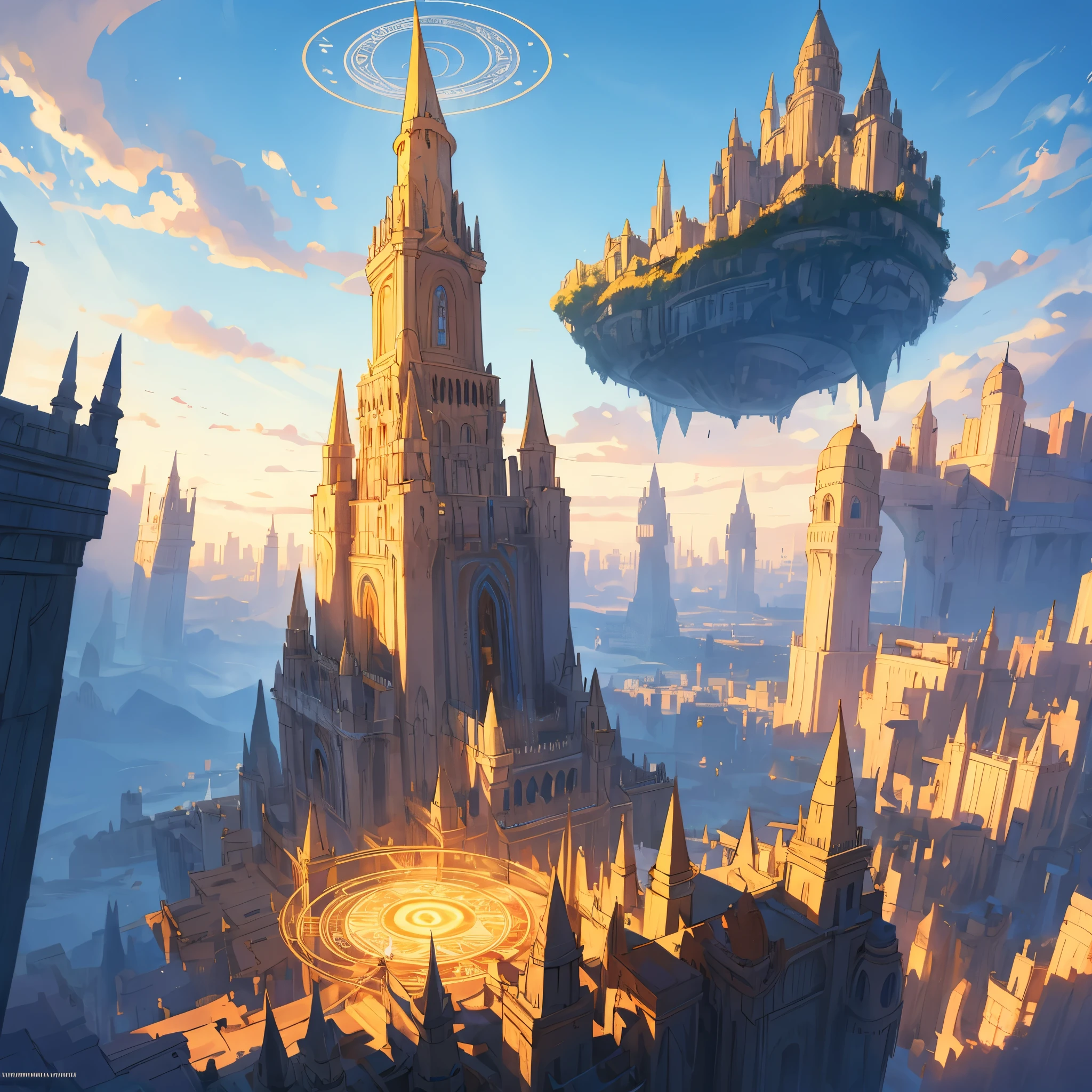 highest clarity, perfect lighting, clear focus, 16k, best quality, masterpiece, Far view，（The most distant view：2），（Panorama：1.5），（long distance top view：1.3），

（Fantasy style：1.2），（Middle Ages：2），（The city floats in the sky），Futuristic architectural art，（black architectural style：1.3），

（light is gloomy：1.3），magnificent, spectacular, huge

（Magic Tower：2），（magic circle）,（huge magic circle）,（Magic Halo），（obelisk community：2）, （flying ark city：1.3 ）,（Floating air city：1.3），Magic City，

Rendering of building with minaret roof and sky background, 