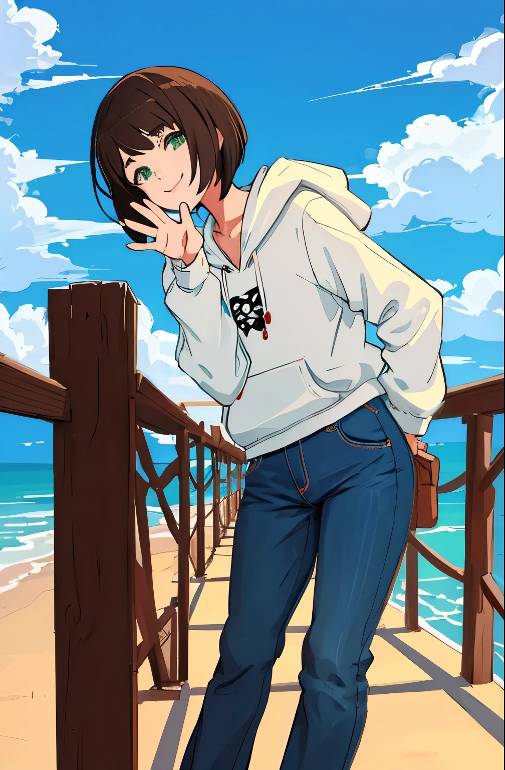 Ultra-detailed, High resolution, ilya kuvshinov style, anime moe art style, best anime 8K konachan wallpaper, Pixiv Contest Winner, Perfect Anatomy, UHD, High detailed, dynamic perspective pose, dynamic pose perspective, 3 / 4 pose, line sketch, gesture drawn, hands behind her body pose!, anime pose, outlines, 1girl, the ocean, railing, wearing jeans, jeans, denim pants, smile, (waving:0.9), standing under the bridge, beach background, sky background, wooden bridge, wearing hoodie, short hair, green eyes, hoodie girl, light brown hair, short brown hair, not wearing hat, no hat,